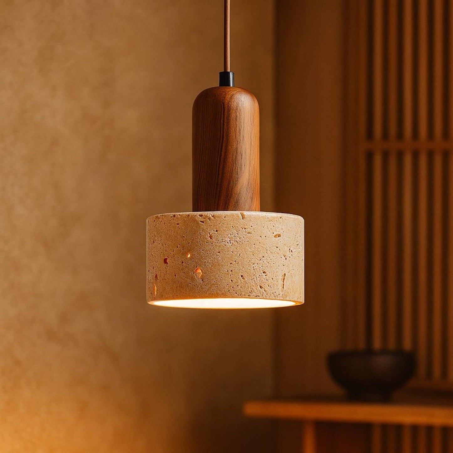 Lámpara Colgante Redonda Vintage de Madera y Travertino