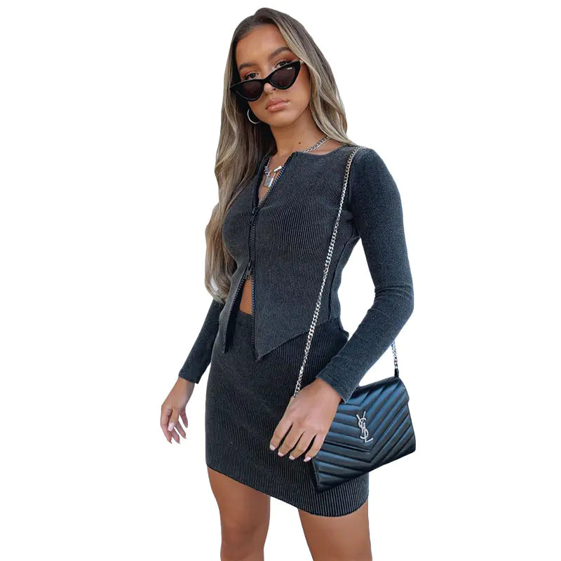 Women's Autumn Winter Long Sleeve Zip Cardigan Set