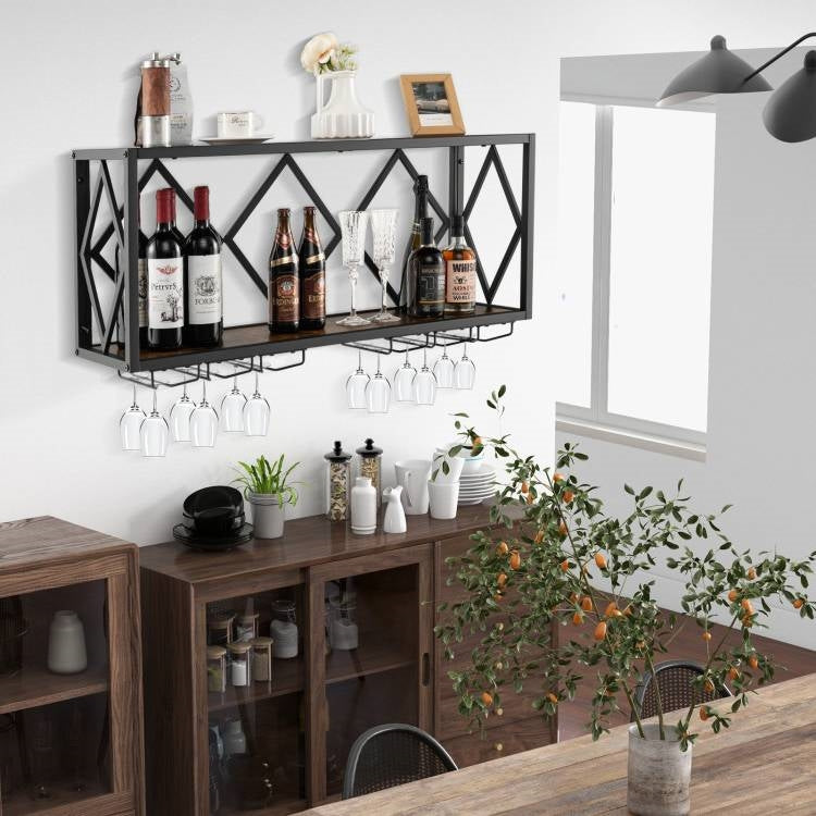 Estante botellero rústico industrial de madera y metal para pared