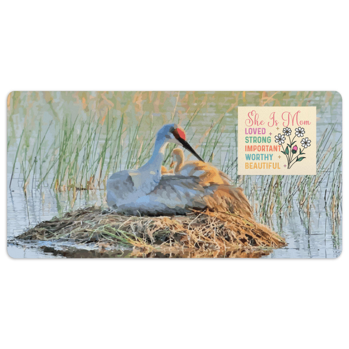 She is Mom Sandhill Crane with Baby Chick Mousepad Desk Mat - available in 2 sizes