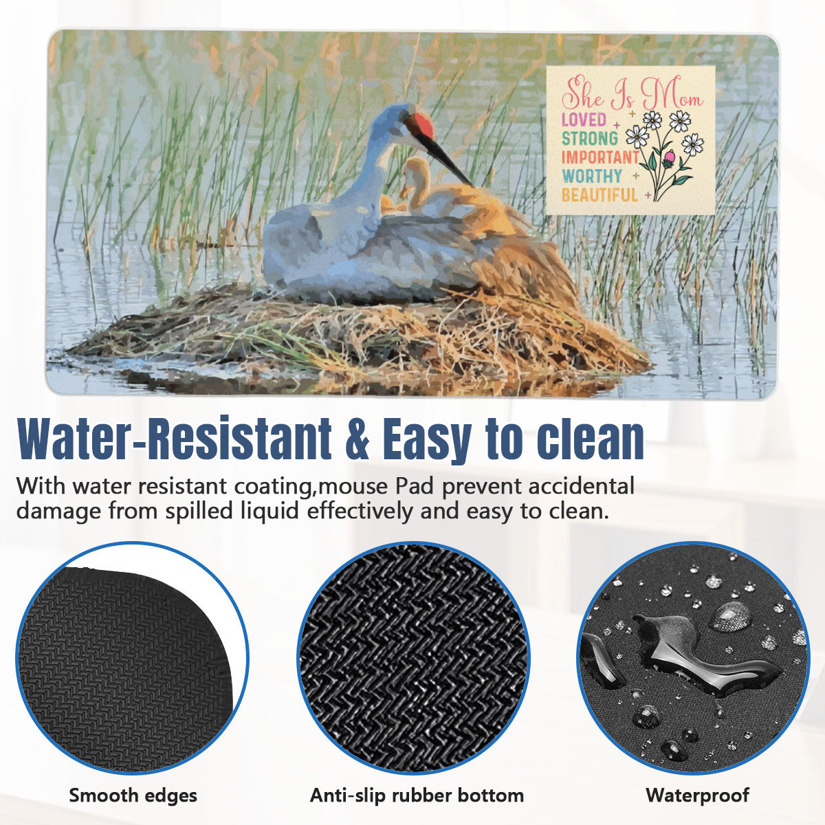 She is Mom Sandhill Crane with Baby Chick Mousepad Desk Mat - available in 2 sizes