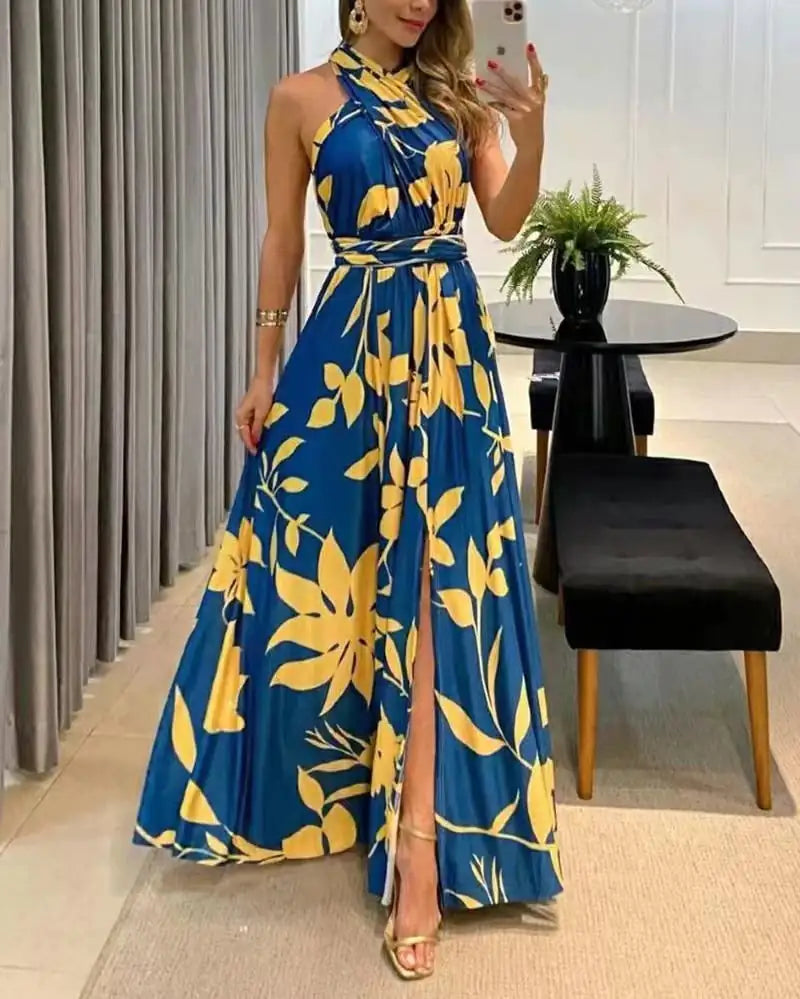 Sleeveless Printed Long Dress with Exposed Back for Women