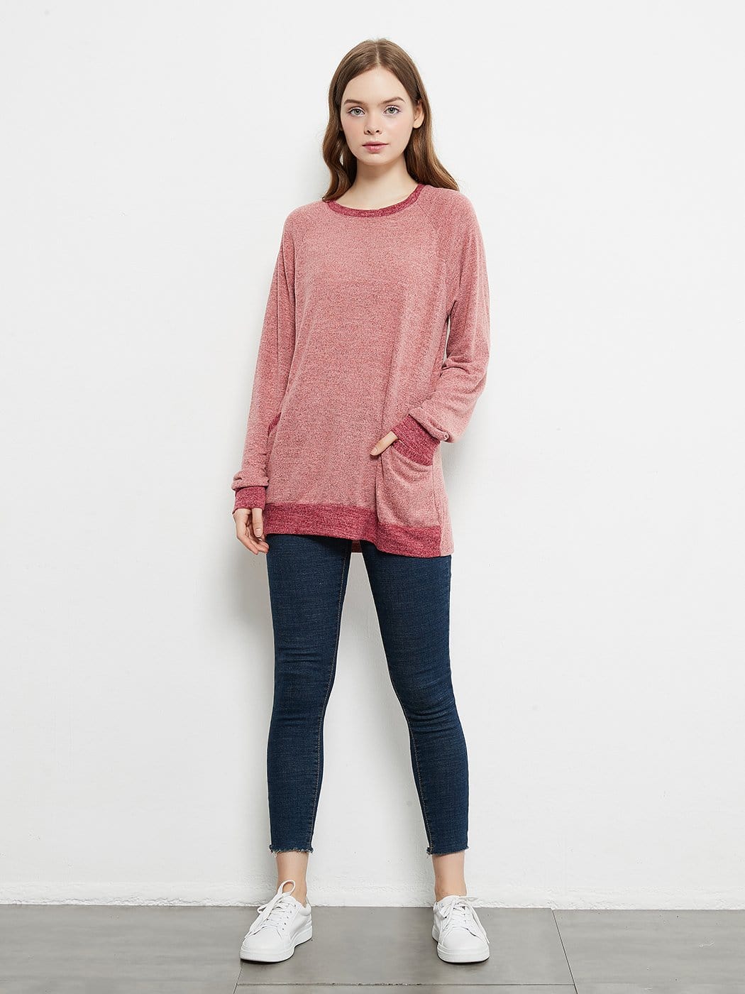 Camisetas de manga larga de cuello redondo informales, blusas, sudaderas, túnicas con bolsillo