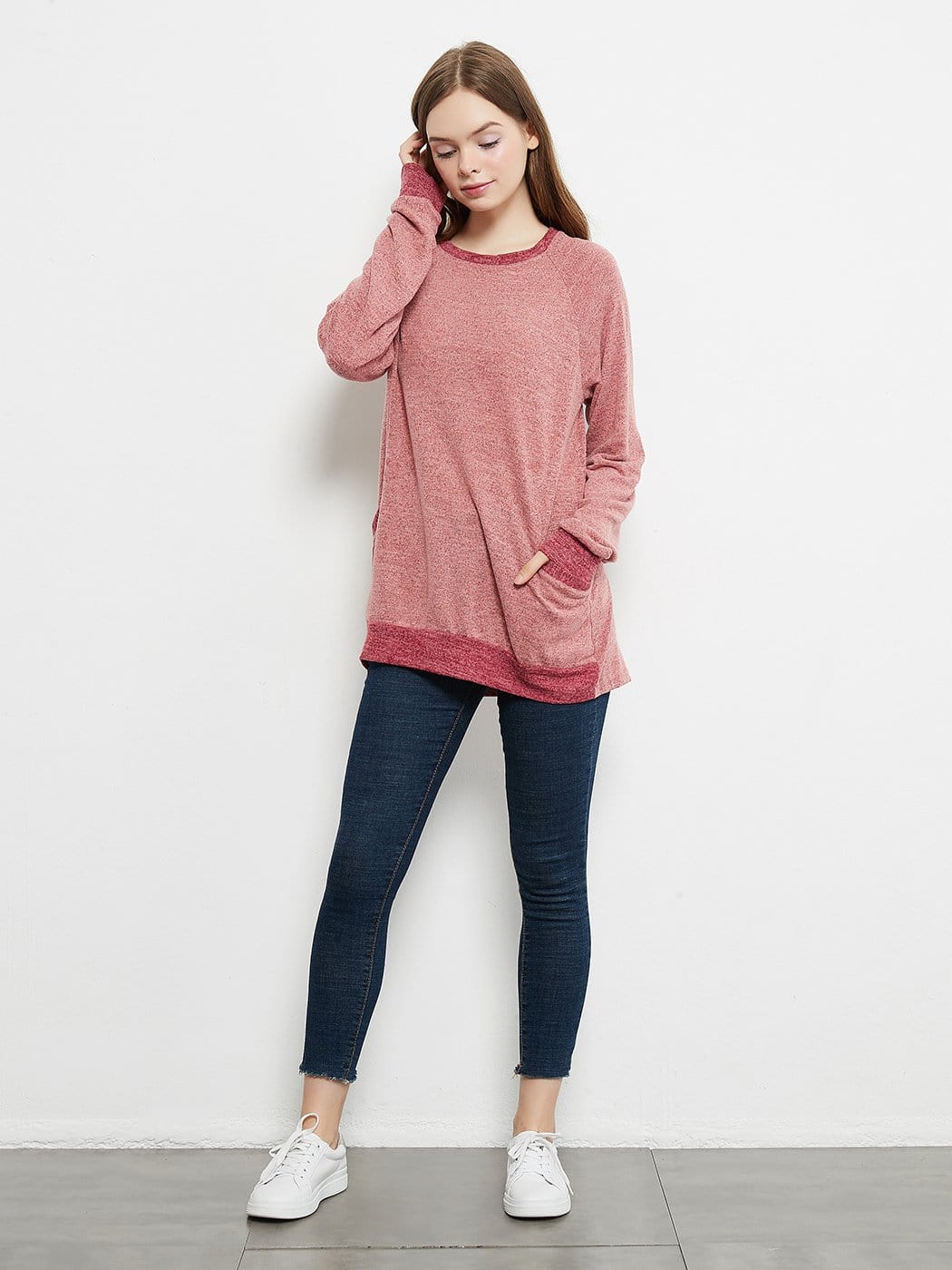 Camisetas de manga larga de cuello redondo informales, blusas, sudaderas, túnicas con bolsillo