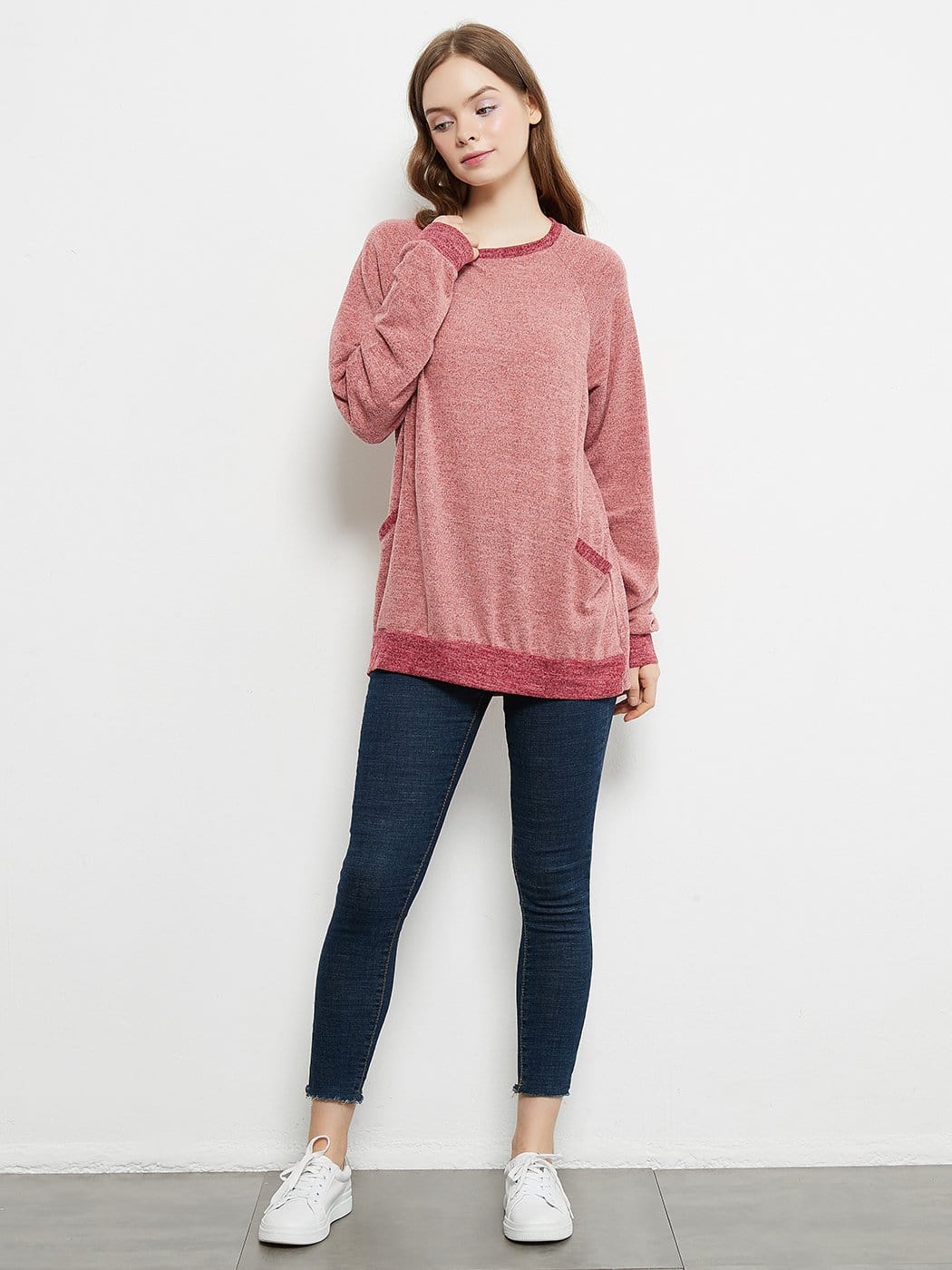 Camisetas de manga larga de cuello redondo informales, blusas, sudaderas, túnicas con bolsillo