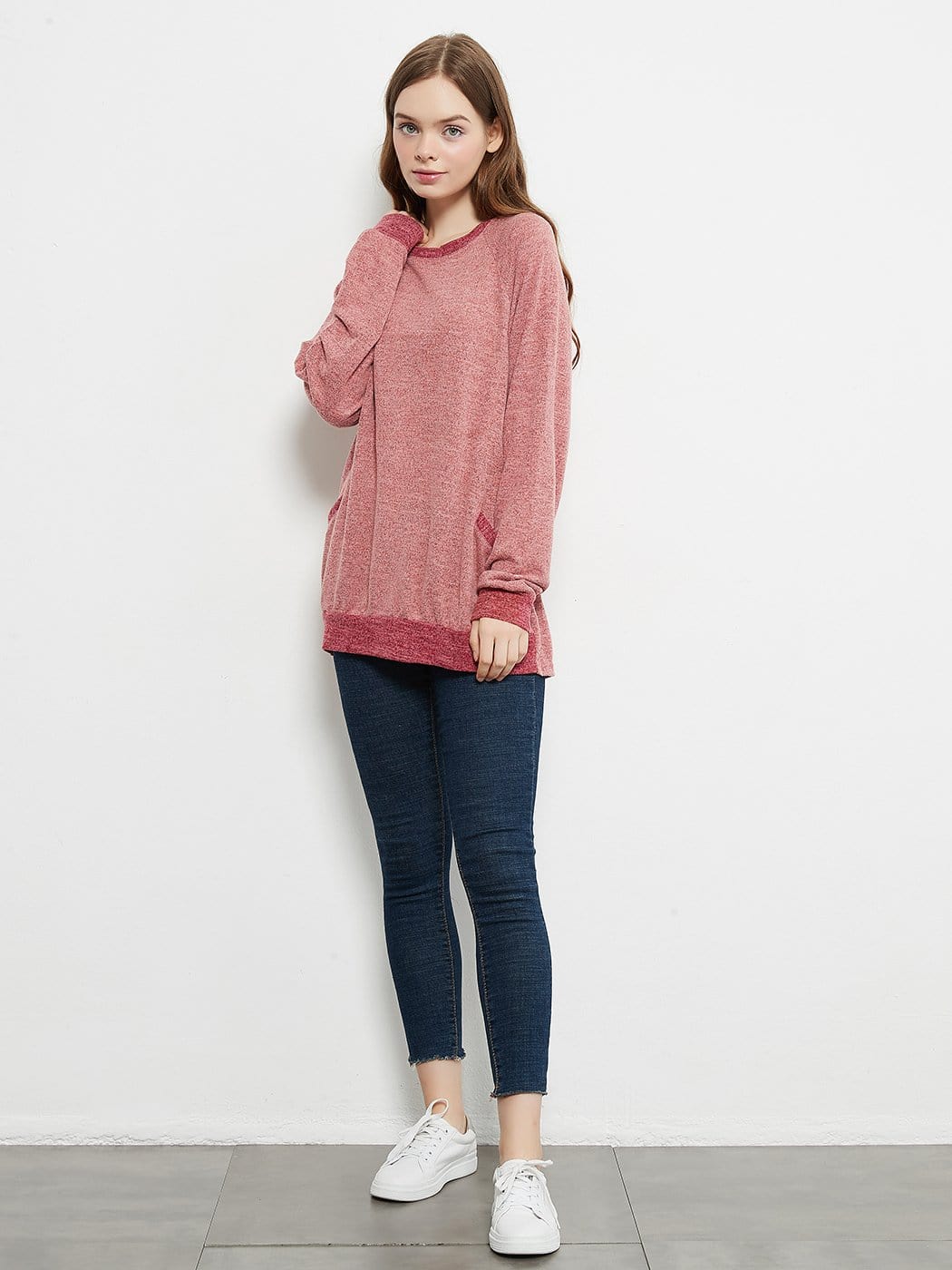 Camisetas de manga larga de cuello redondo informales, blusas, sudaderas, túnicas con bolsillo