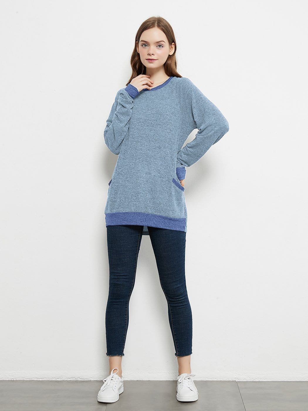 Camisetas de manga larga de cuello redondo informales, blusas, sudaderas, túnicas con bolsillo