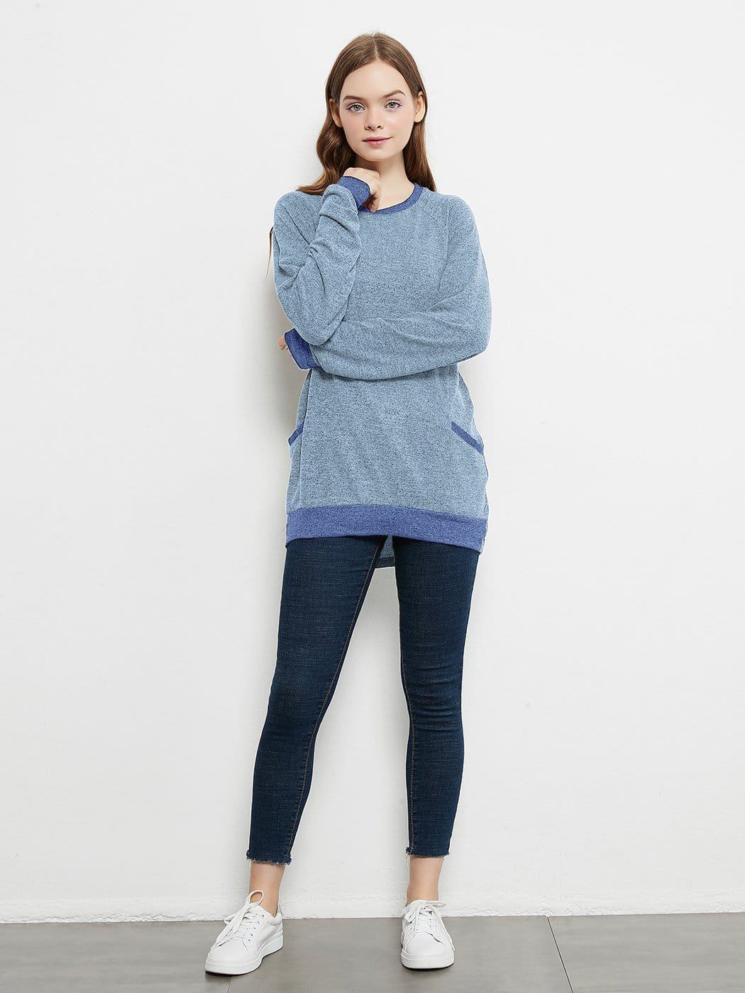 Camisetas de manga larga de cuello redondo informales, blusas, sudaderas, túnicas con bolsillo
