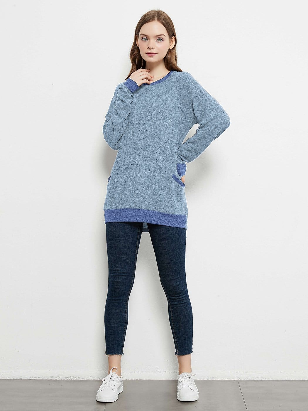 Camisetas de manga larga de cuello redondo informales, blusas, sudaderas, túnicas con bolsillo
