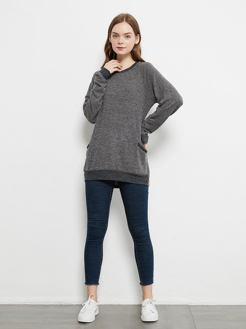 Camisetas de manga larga de cuello redondo informales, blusas, sudaderas, túnicas con bolsillo