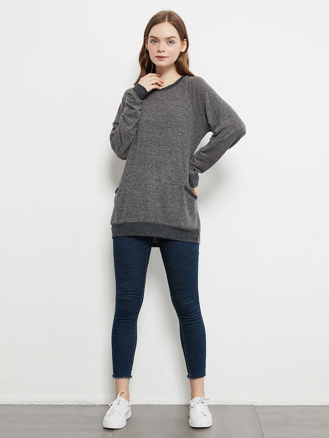 Camisetas de manga larga de cuello redondo informales, blusas, sudaderas, túnicas con bolsillo