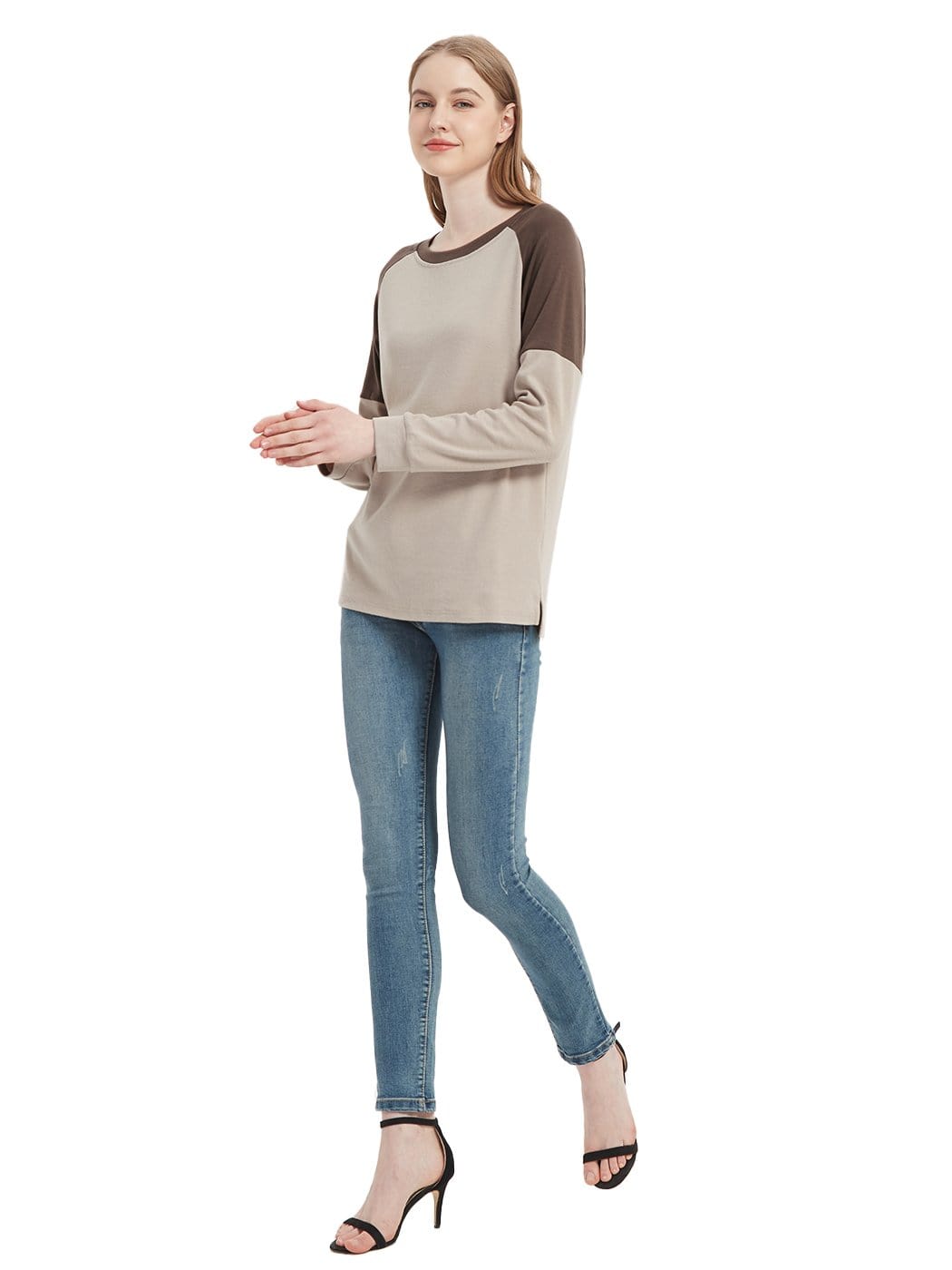 Sudadera informal de cuello redondo, blusas de manga larga con bloques de color y jerséis con aberturas laterales