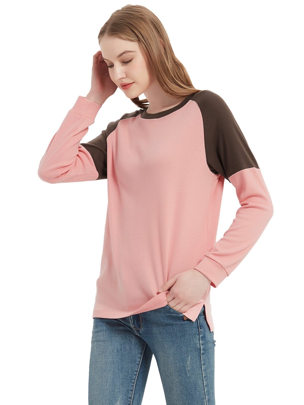Sudadera informal de cuello redondo, blusas de manga larga con bloques de color y jerséis con aberturas laterales