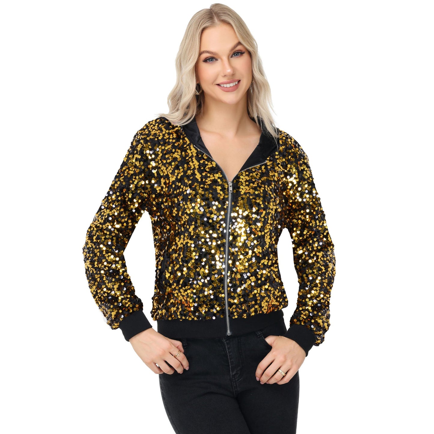 Chaqueta con capucha y cremallera con adornos de lentejuelas y ribetes acanalados