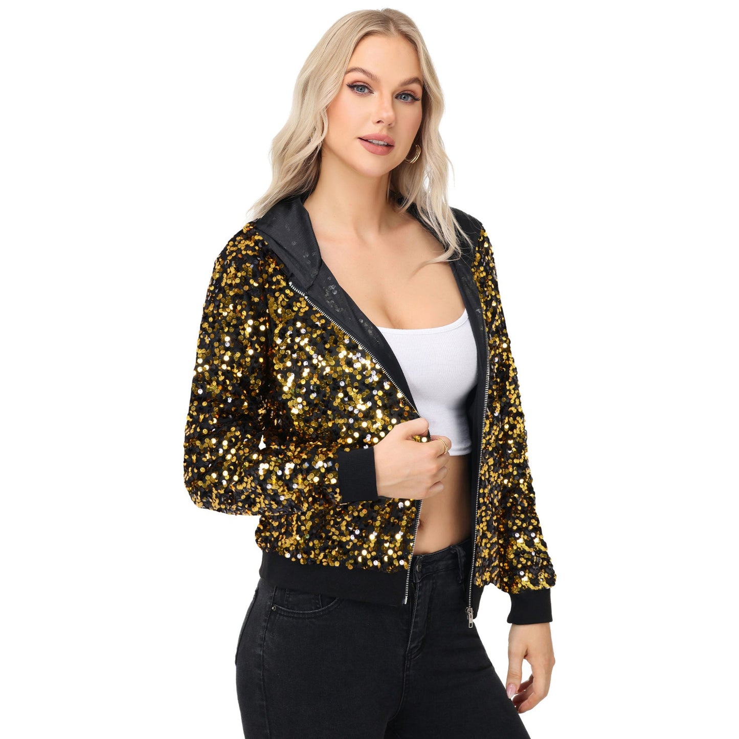 Chaqueta con capucha y cremallera con adornos de lentejuelas y ribetes acanalados