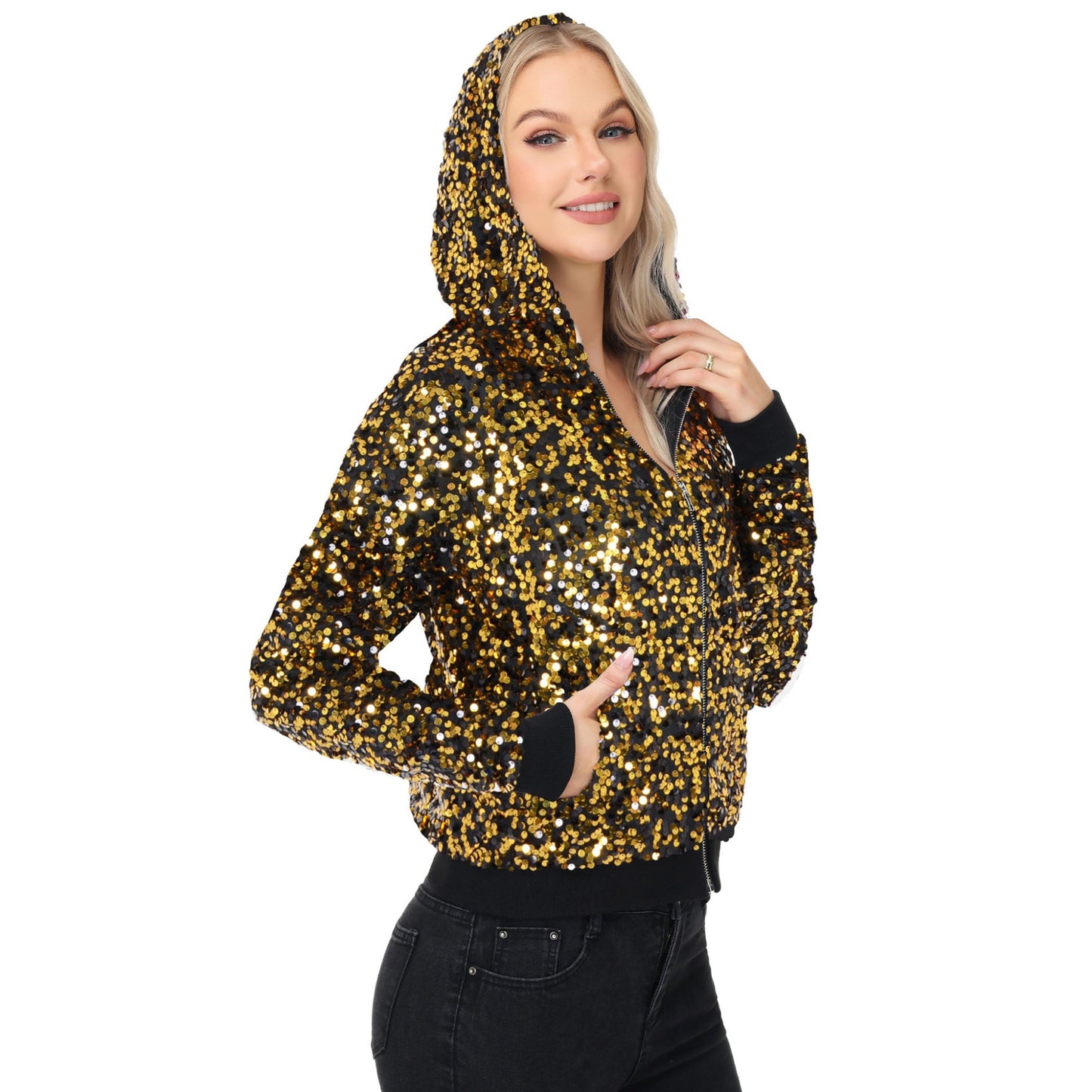 Chaqueta con capucha y cremallera con adornos de lentejuelas y ribetes acanalados
