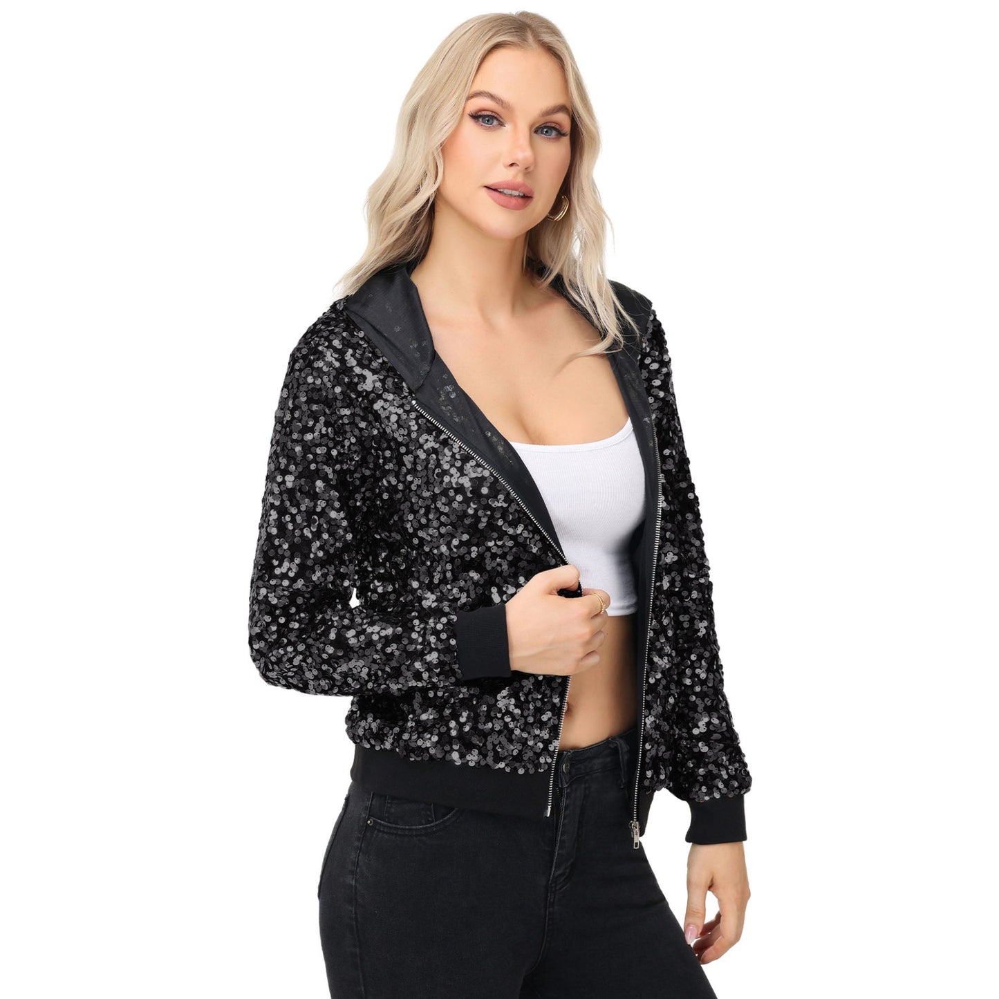 Chaqueta con capucha y cremallera con adornos de lentejuelas y ribetes acanalados