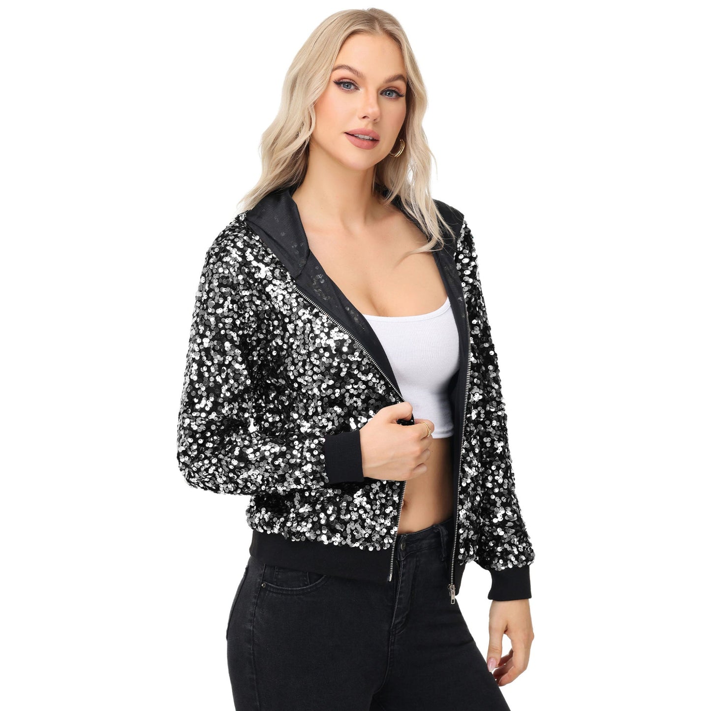 Chaqueta con capucha y cremallera con adornos de lentejuelas y ribetes acanalados
