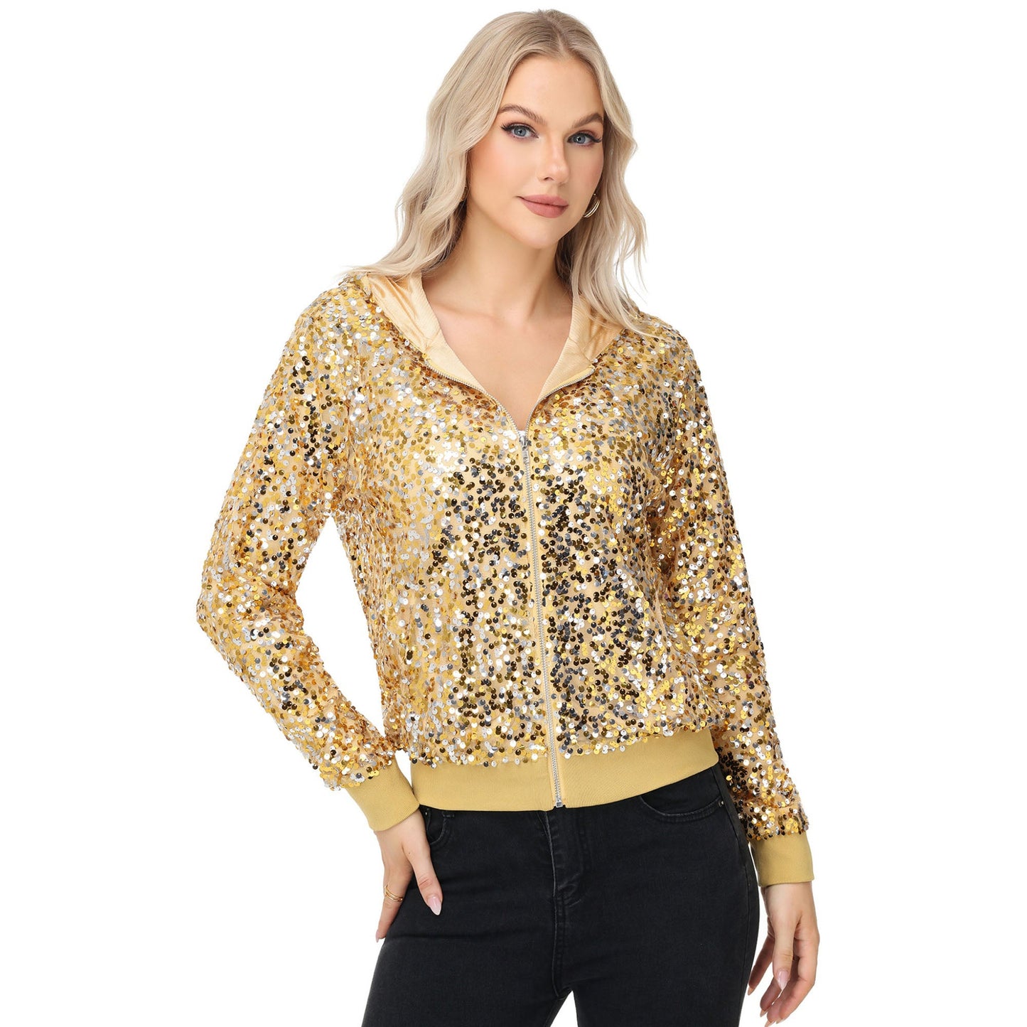 Chaqueta con capucha y cremallera con adornos de lentejuelas y ribetes acanalados