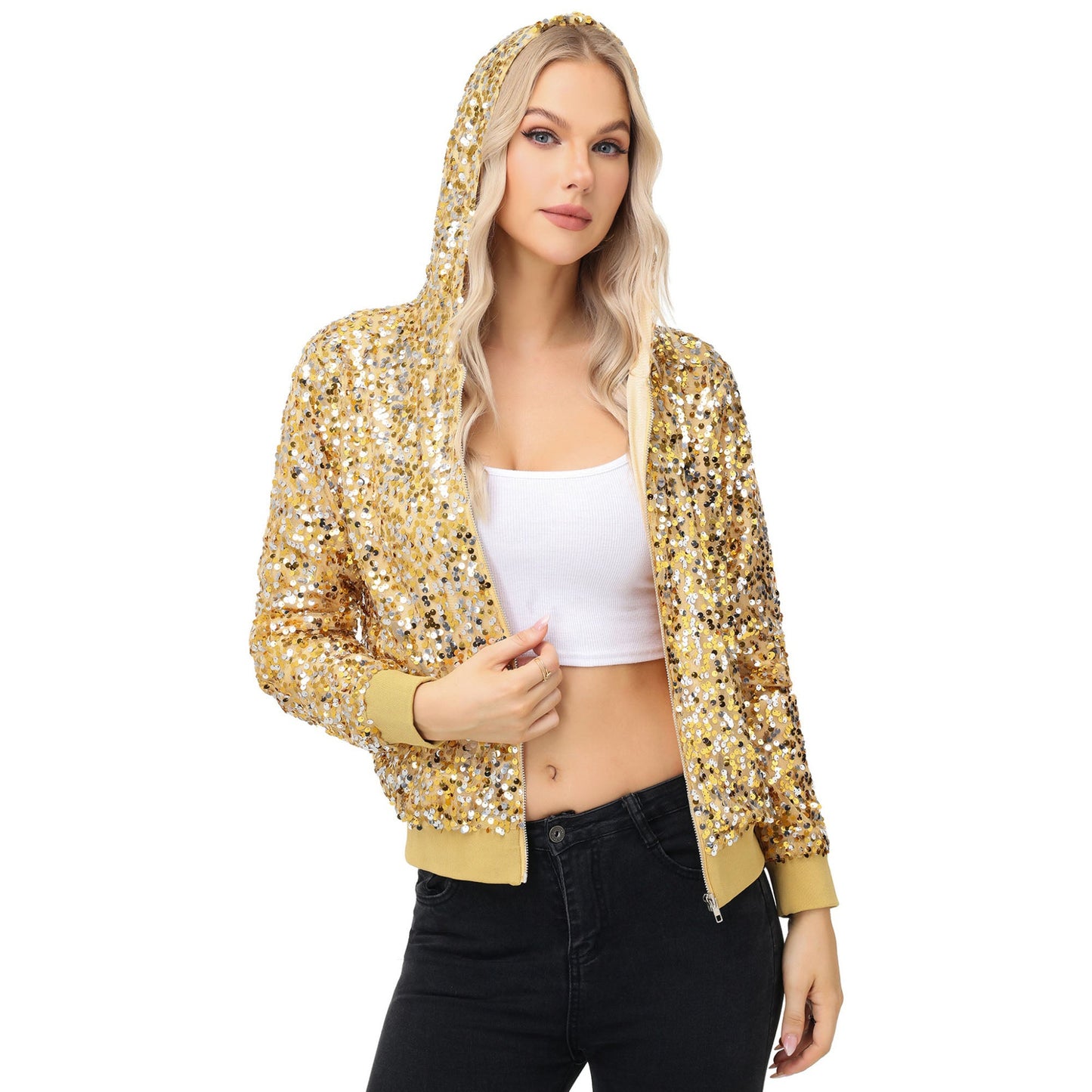 Chaqueta con capucha y cremallera con adornos de lentejuelas y ribetes acanalados