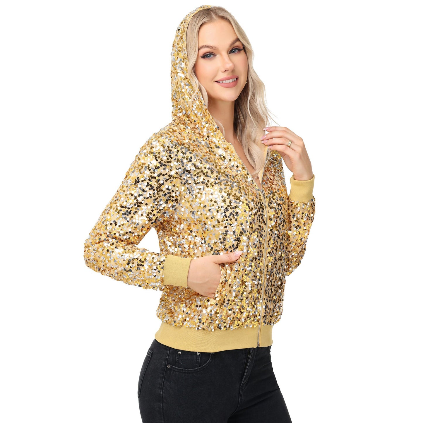 Chaqueta con capucha y cremallera con adornos de lentejuelas y ribetes acanalados