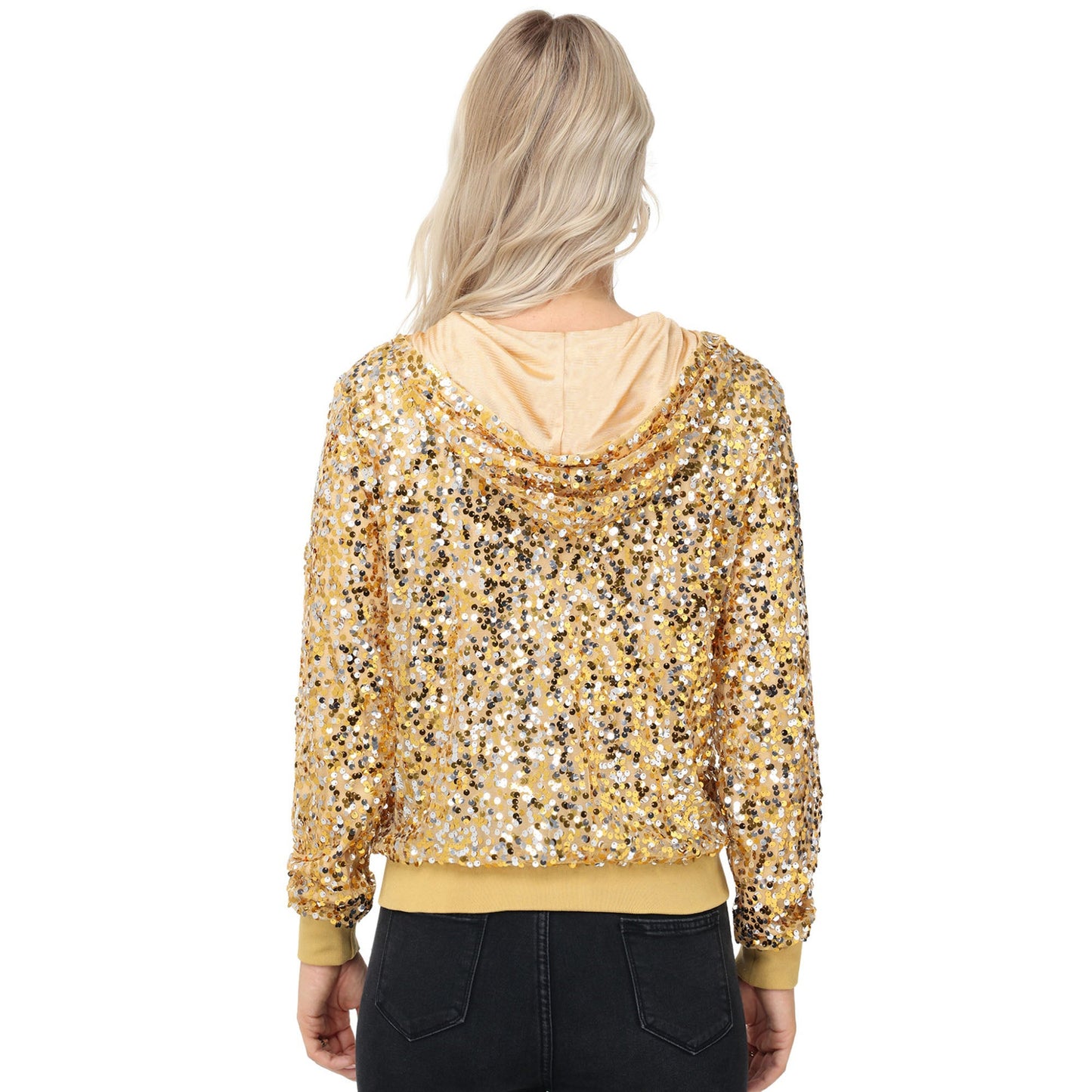 Chaqueta con capucha y cremallera con adornos de lentejuelas y ribetes acanalados