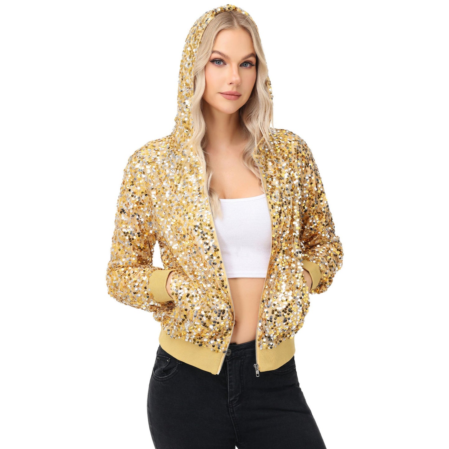 Chaqueta con capucha y cremallera con adornos de lentejuelas y ribetes acanalados