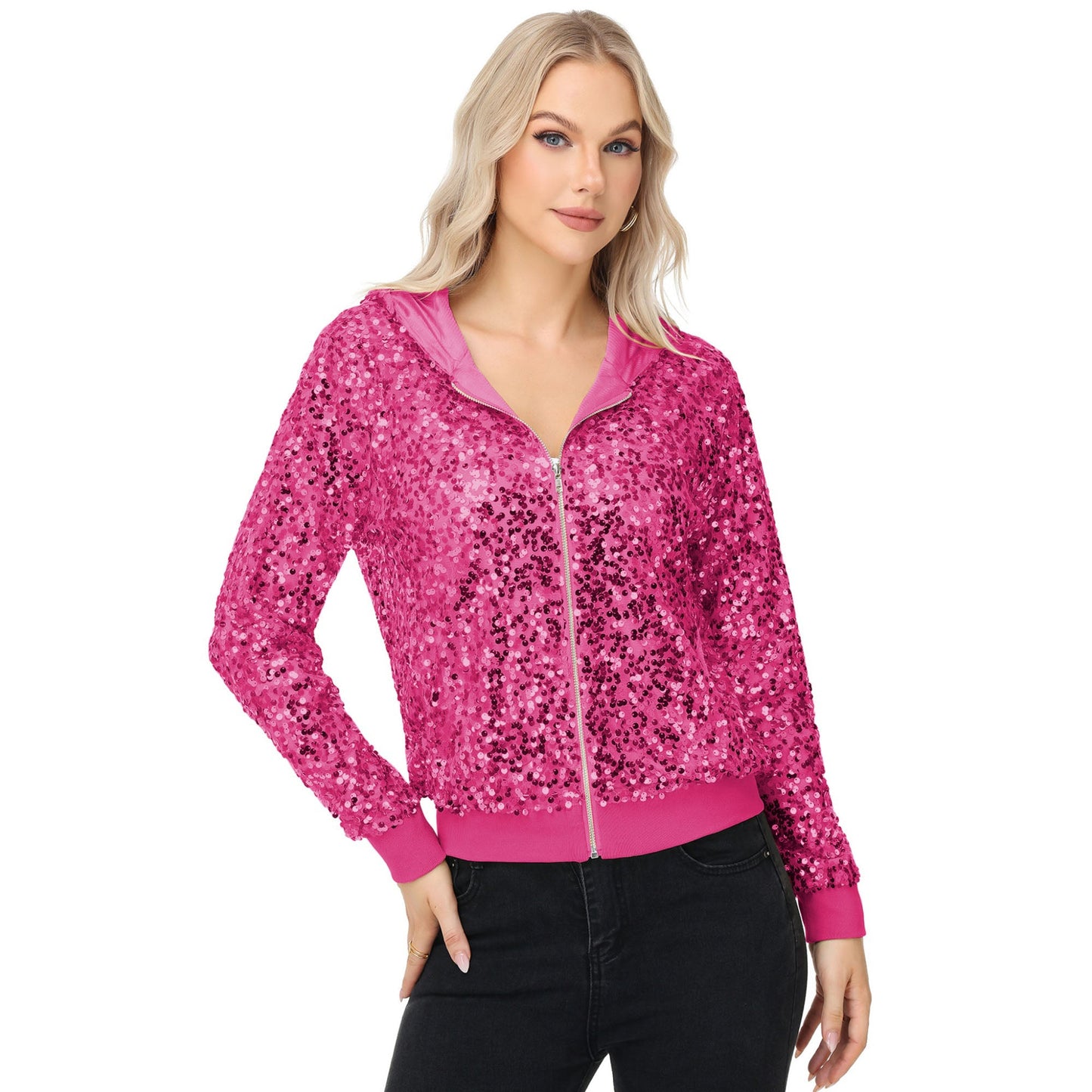Chaqueta con capucha y cremallera con adornos de lentejuelas y ribetes acanalados