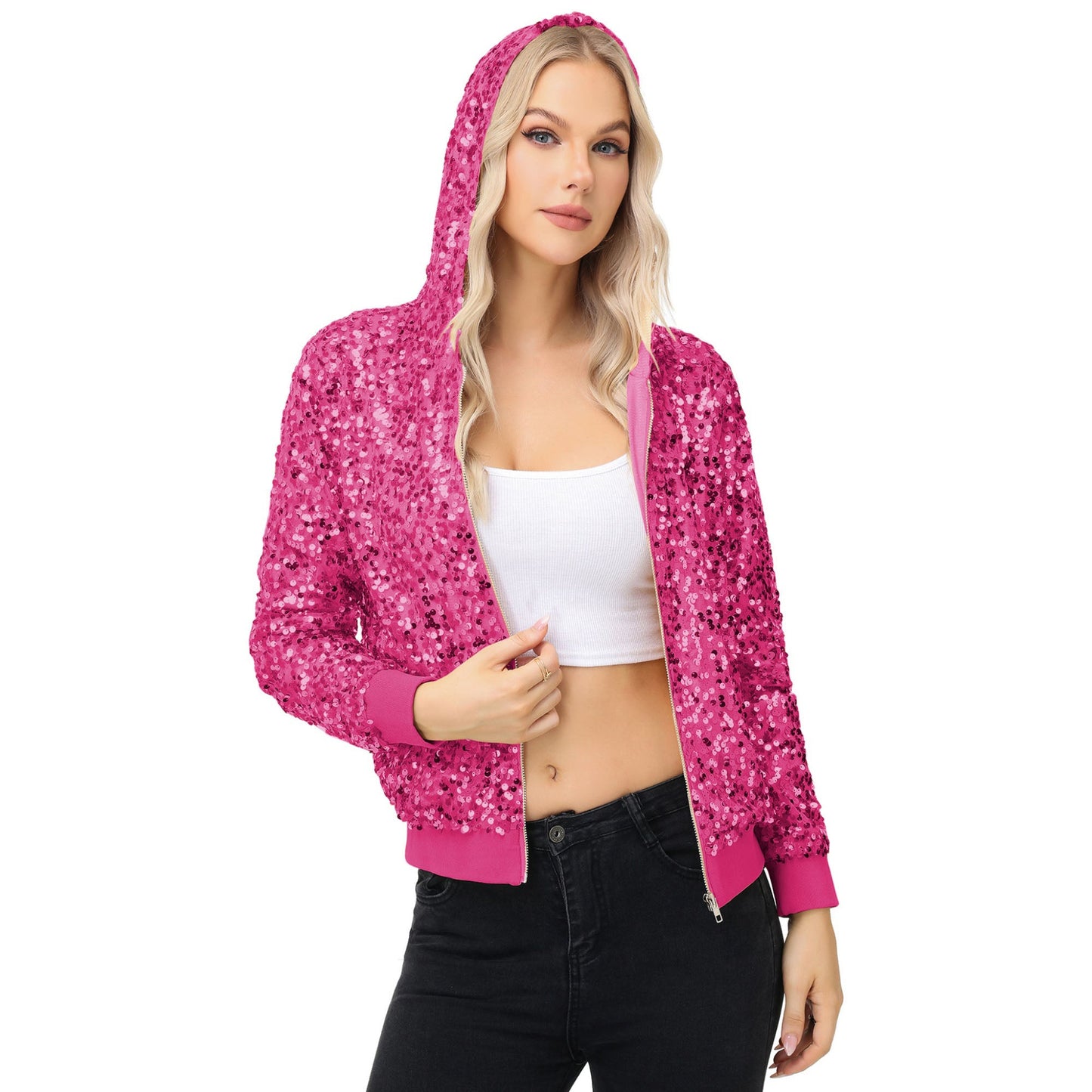 Chaqueta con capucha y cremallera con adornos de lentejuelas y ribetes acanalados