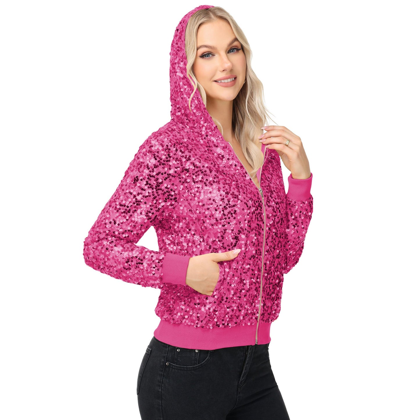 Chaqueta con capucha y cremallera con adornos de lentejuelas y ribetes acanalados