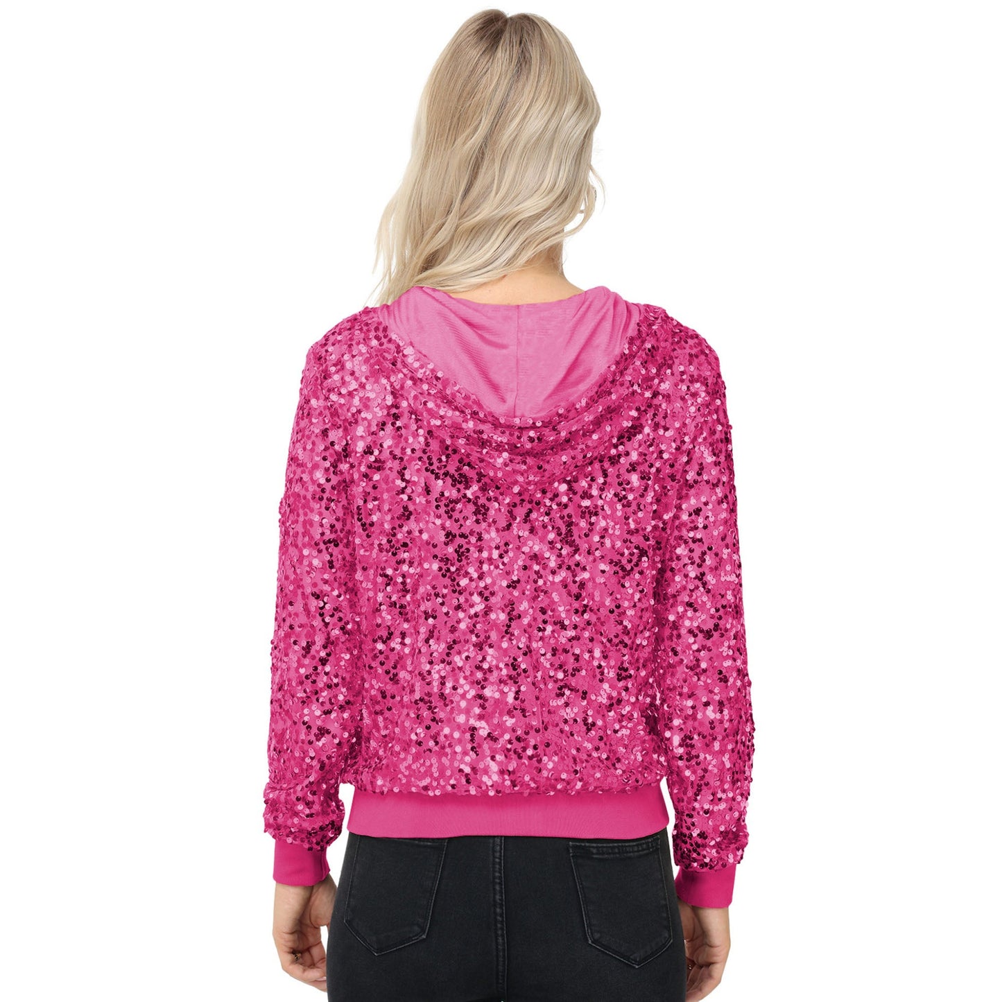 Chaqueta con capucha y cremallera con adornos de lentejuelas y ribetes acanalados