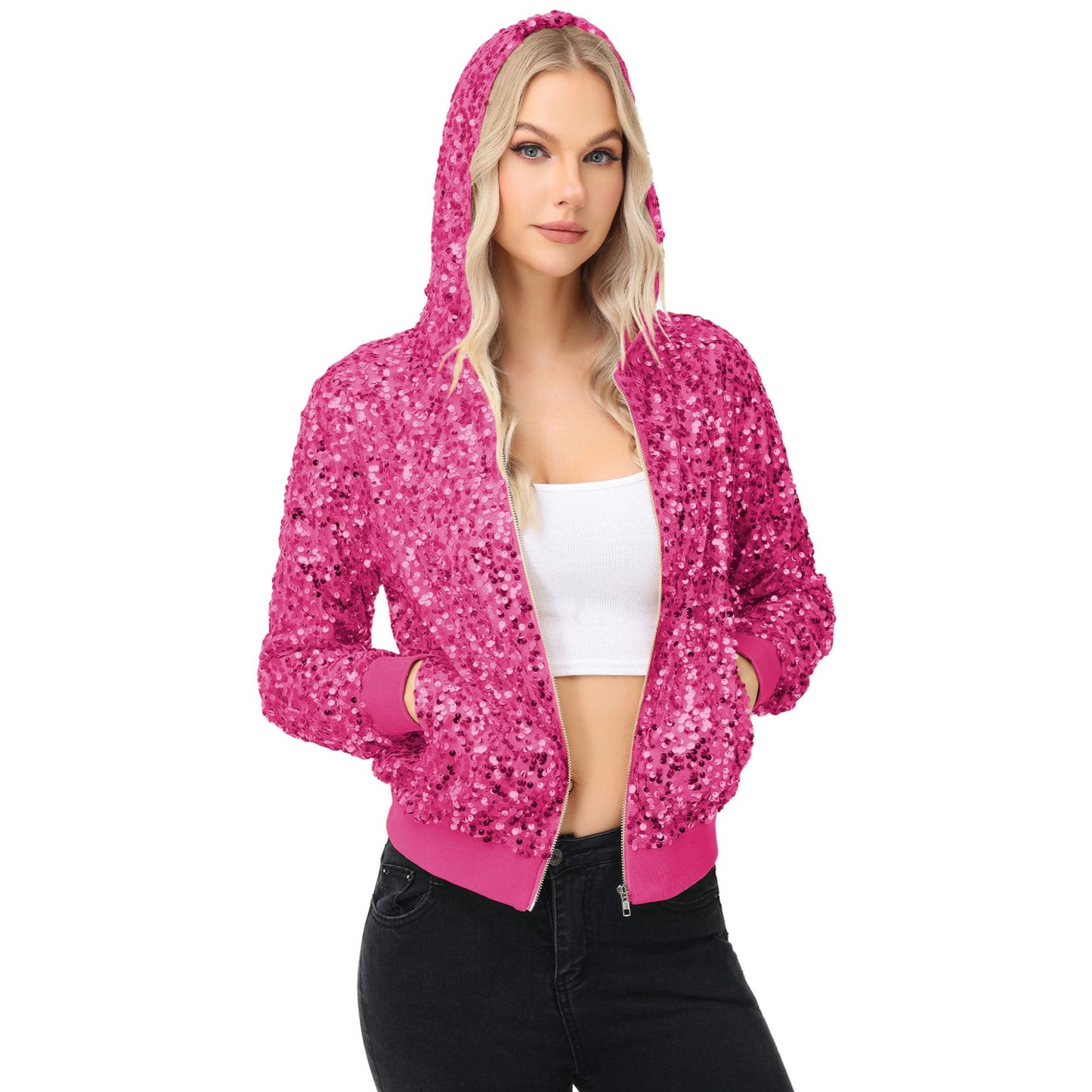 Chaqueta con capucha y cremallera con adornos de lentejuelas y ribetes acanalados