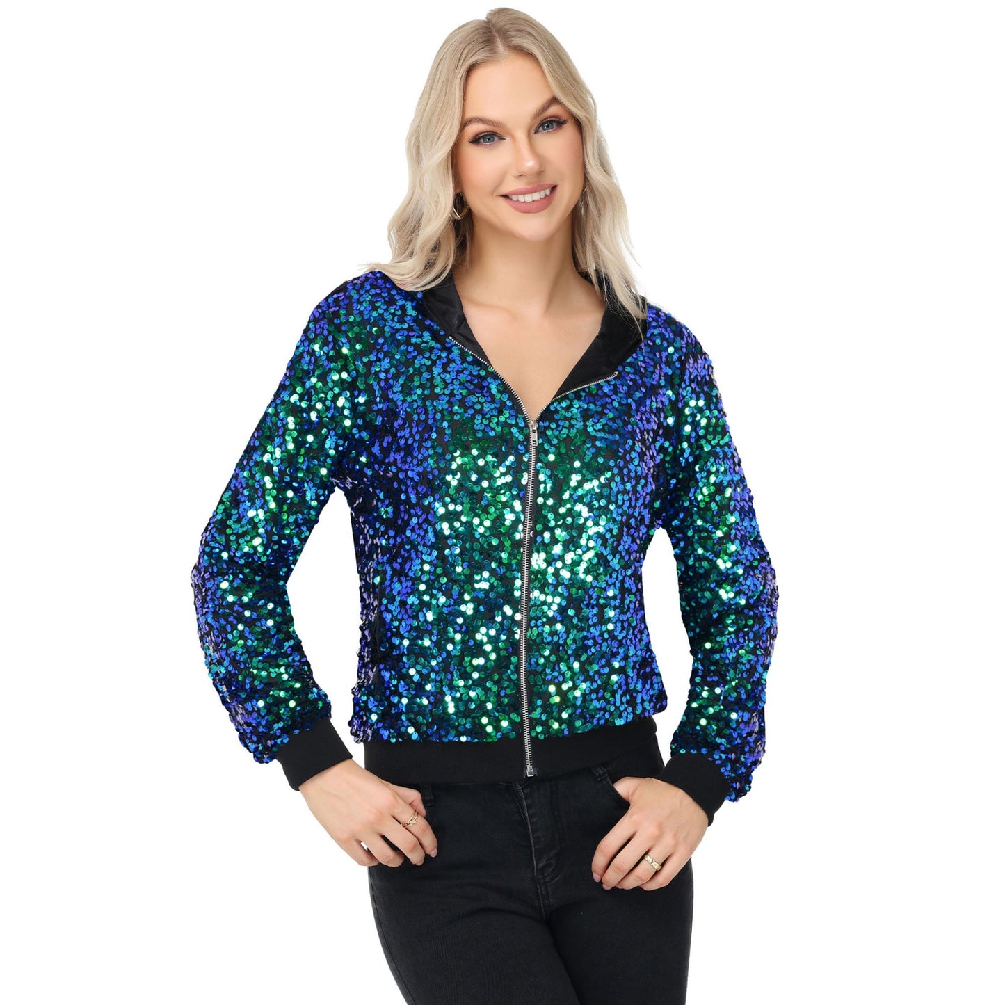 Chaqueta con capucha y cremallera con adornos de lentejuelas y ribetes acanalados