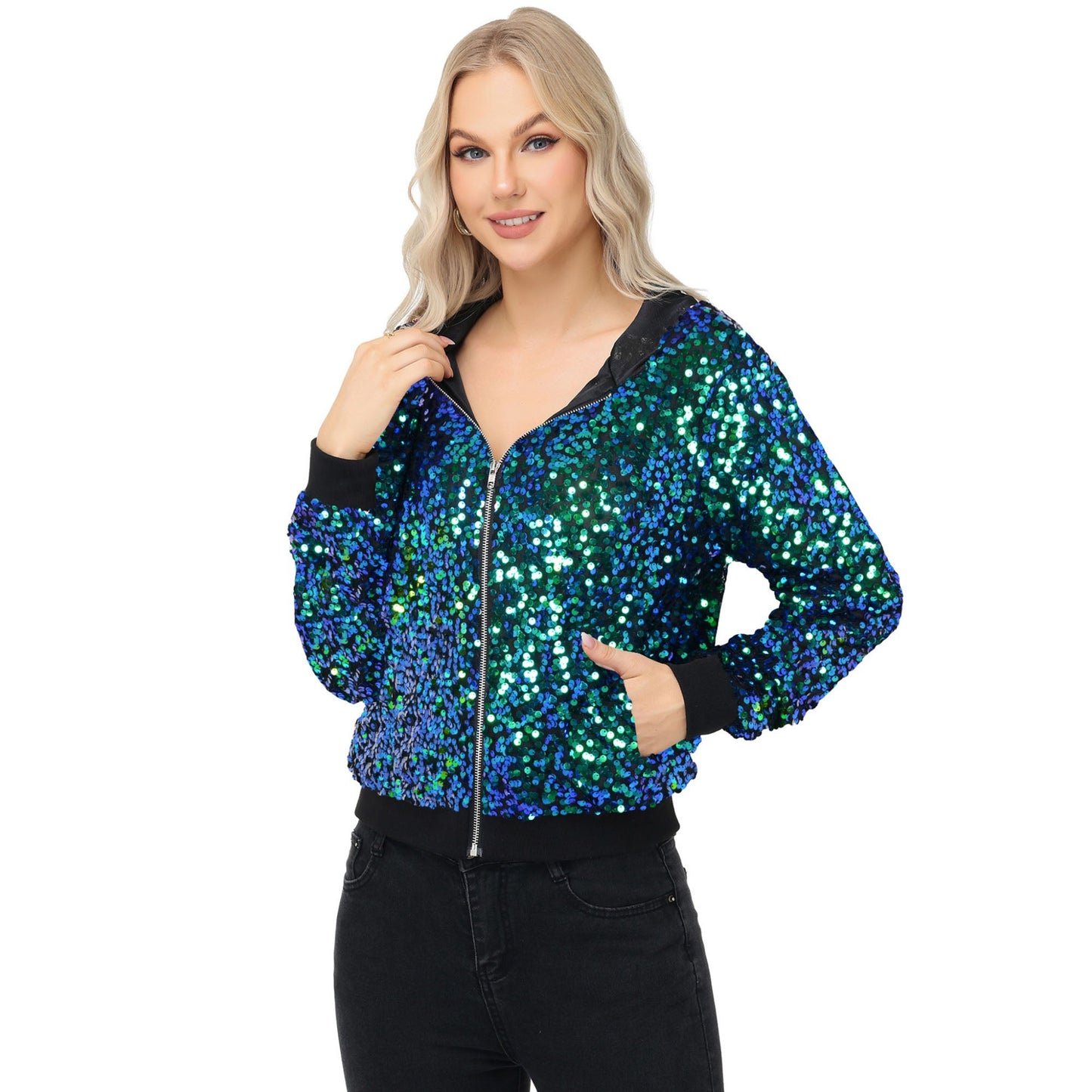 Chaqueta con capucha y cremallera con adornos de lentejuelas y ribetes acanalados