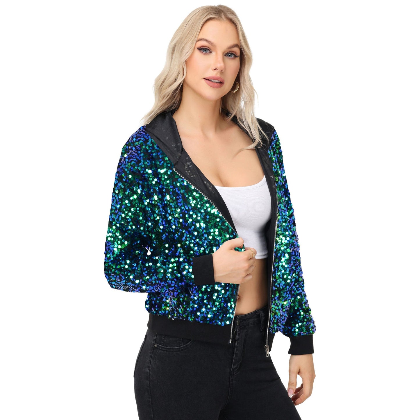 Chaqueta con capucha y cremallera con adornos de lentejuelas y ribetes acanalados