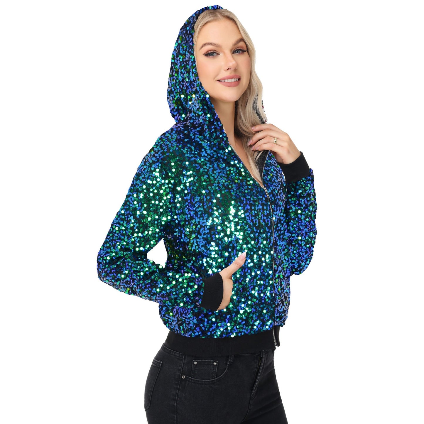 Chaqueta con capucha y cremallera con adornos de lentejuelas y ribetes acanalados