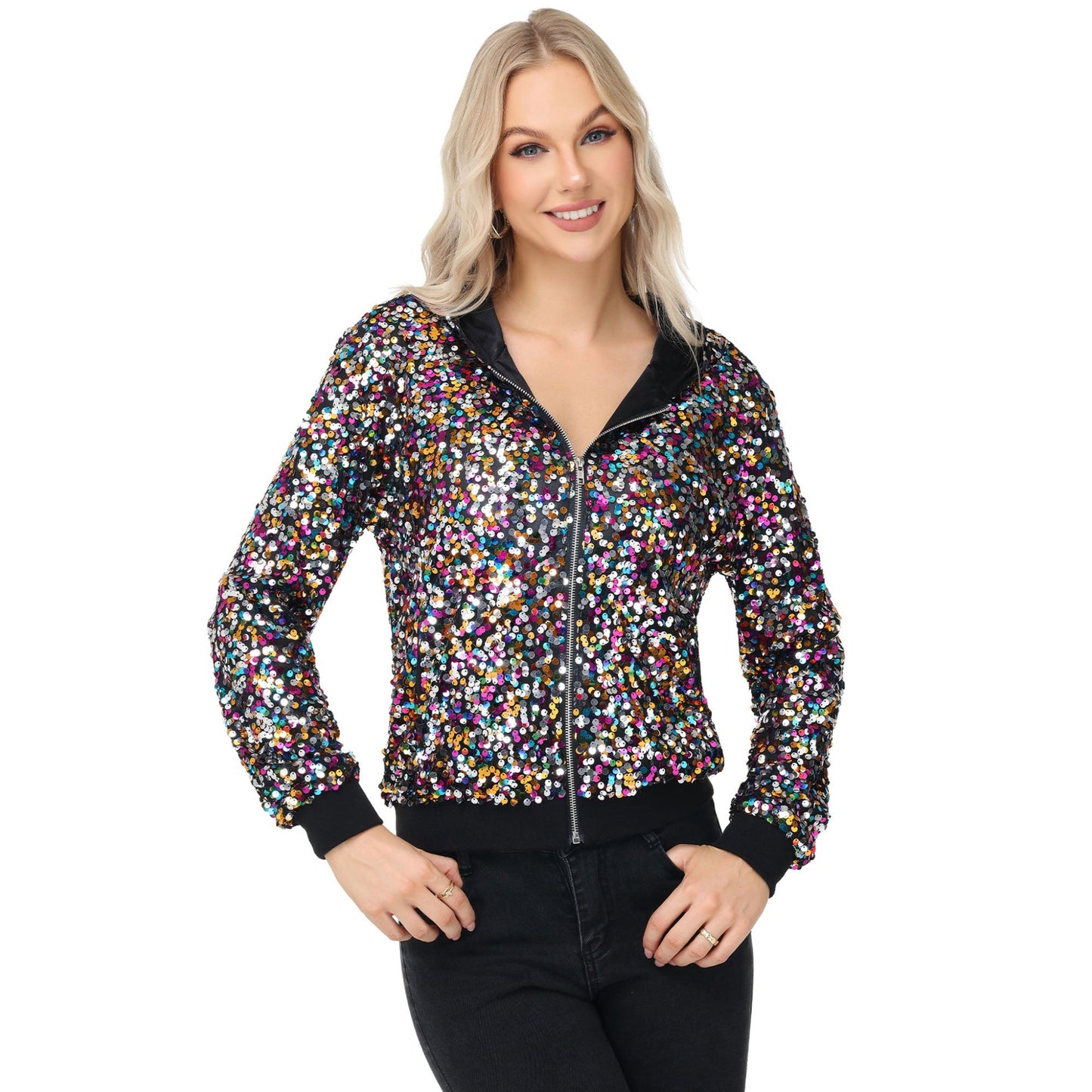 Chaqueta con capucha y cremallera con adornos de lentejuelas y ribetes acanalados