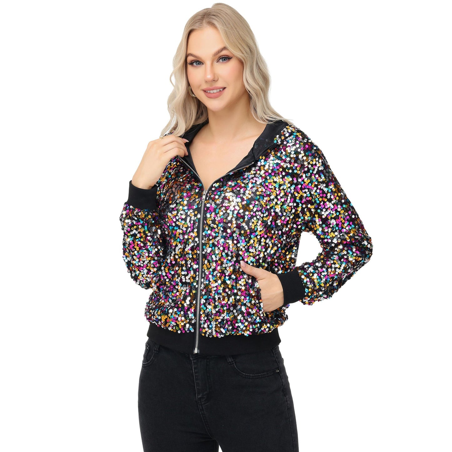 Chaqueta con capucha y cremallera con adornos de lentejuelas y ribetes acanalados