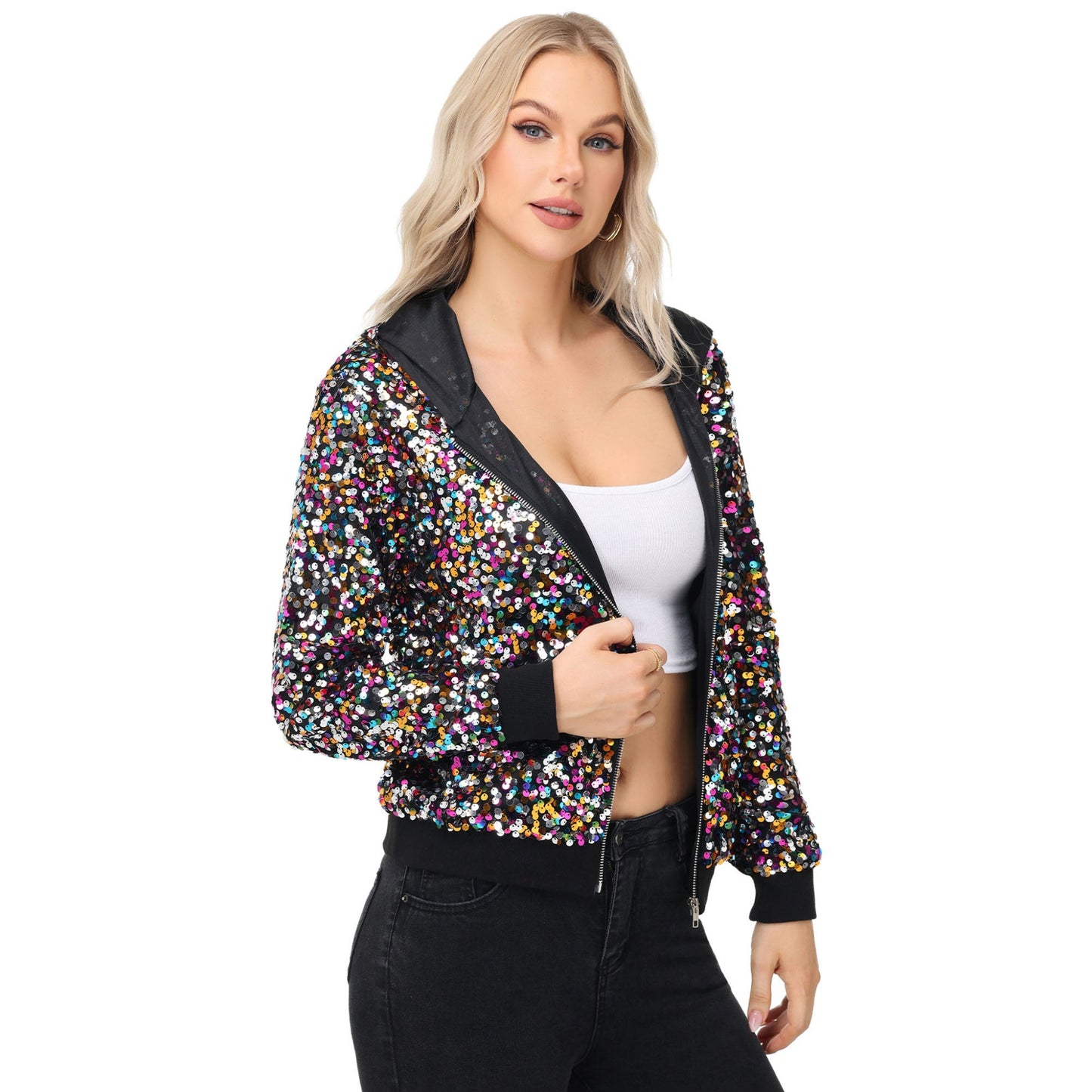 Chaqueta con capucha y cremallera con adornos de lentejuelas y ribetes acanalados