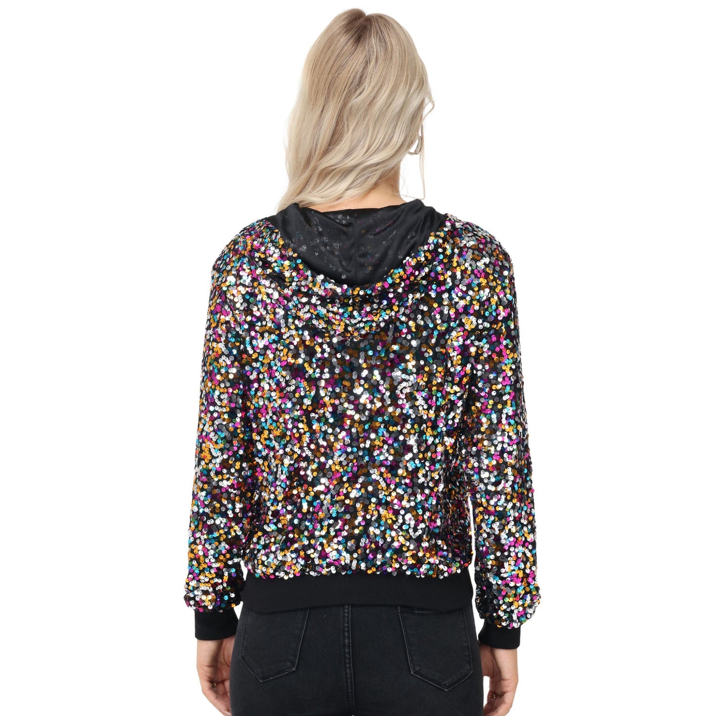 Chaqueta con capucha y cremallera con adornos de lentejuelas y ribetes acanalados