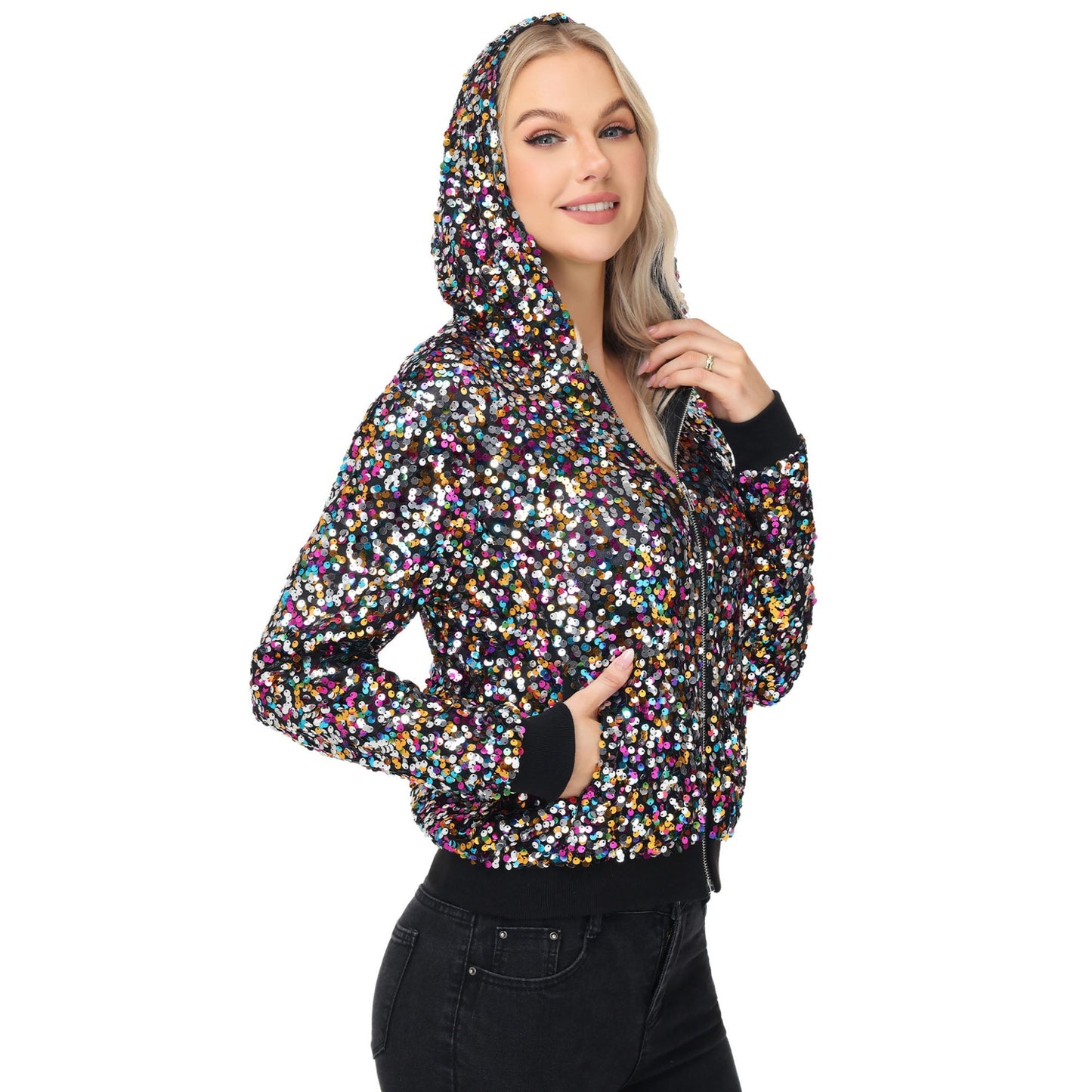 Chaqueta con capucha y cremallera con adornos de lentejuelas y ribetes acanalados