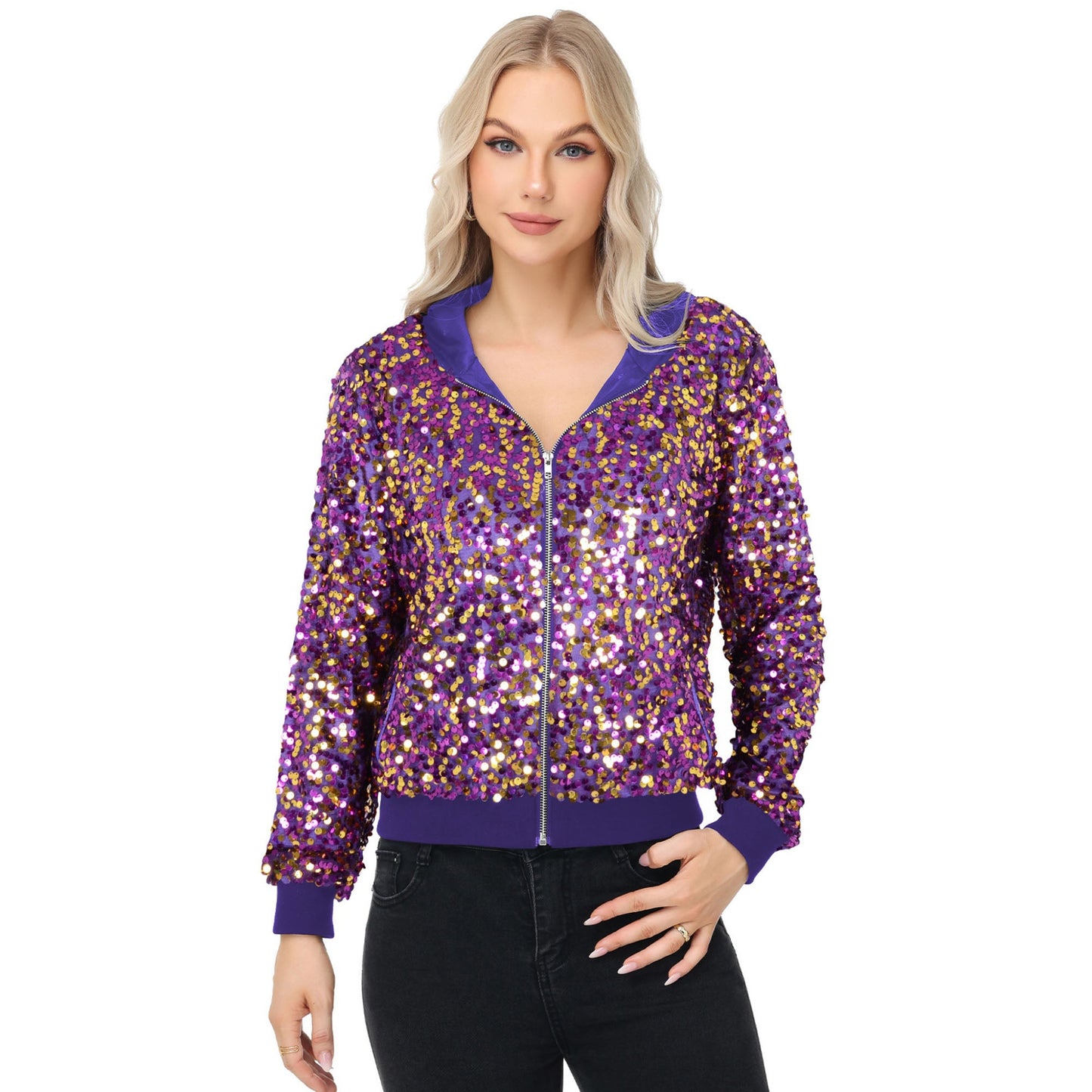 Chaqueta con capucha y cremallera con adornos de lentejuelas y ribetes acanalados