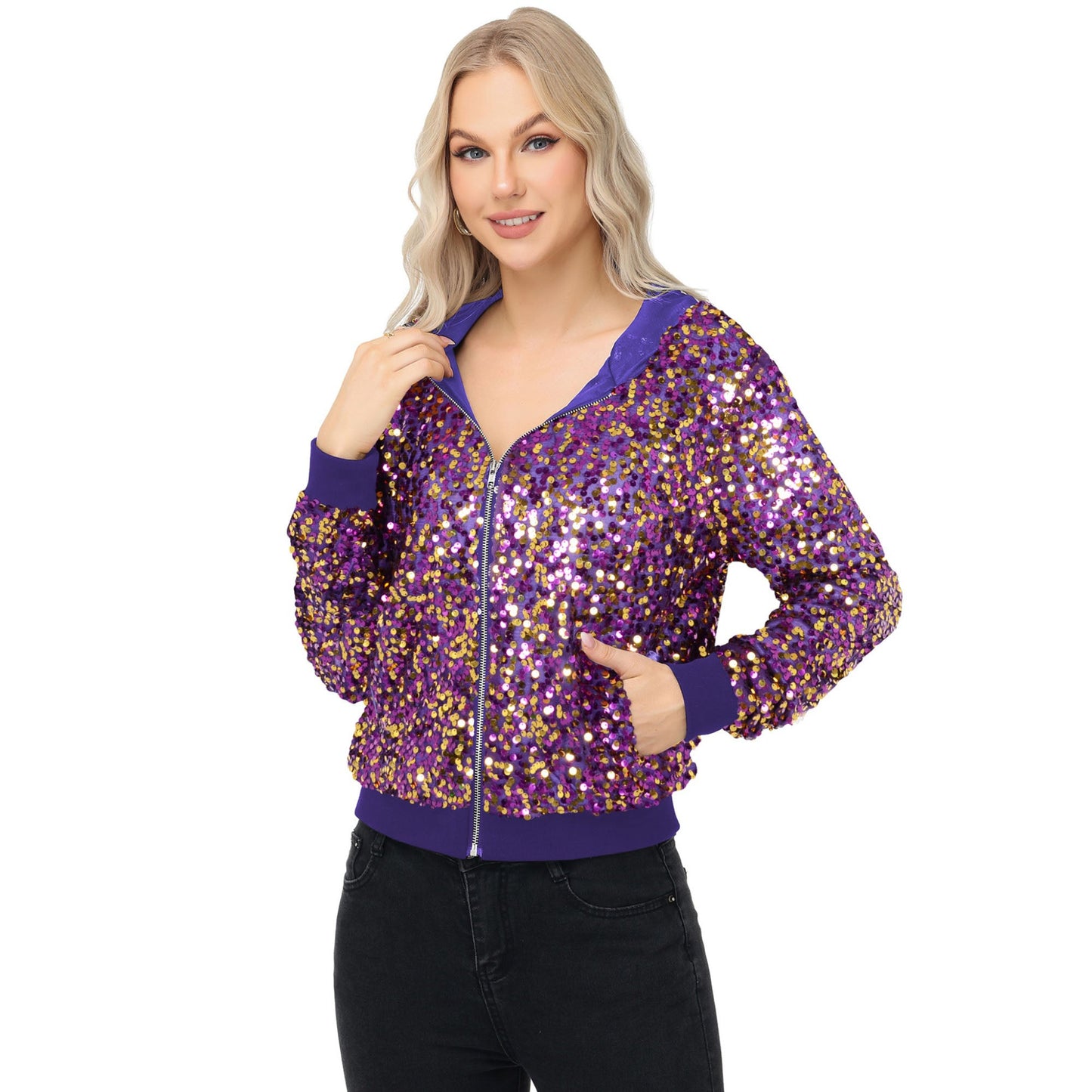 Chaqueta con capucha y cremallera con adornos de lentejuelas y ribetes acanalados