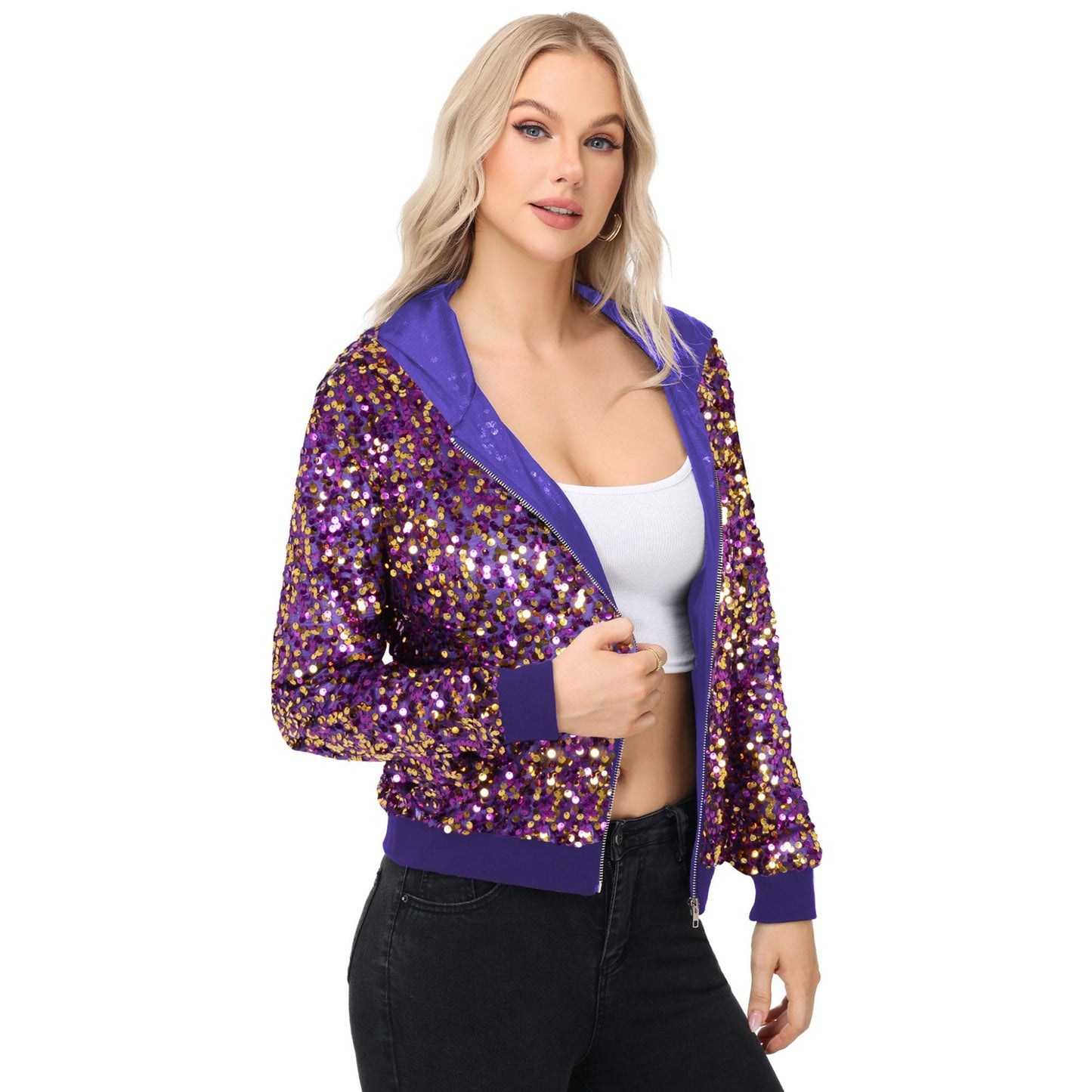 Chaqueta con capucha y cremallera con adornos de lentejuelas y ribetes acanalados