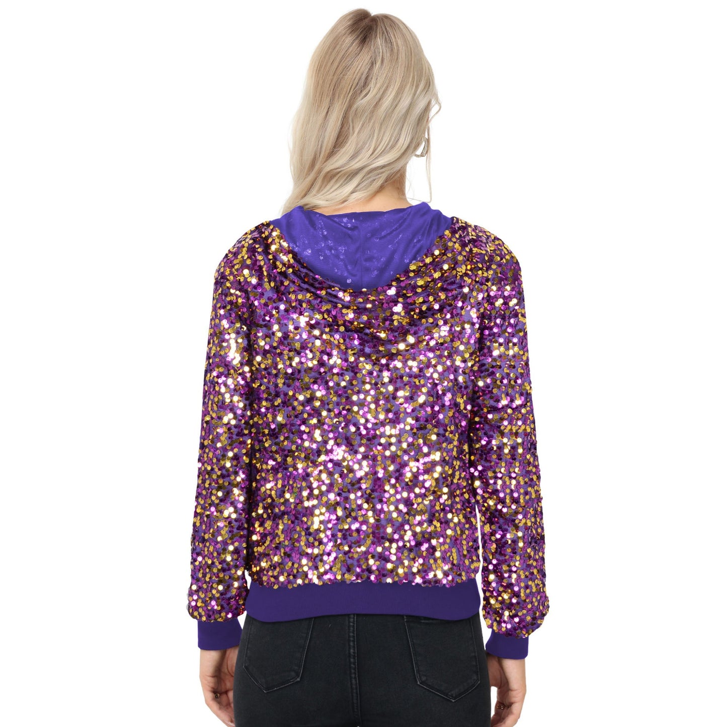 Chaqueta con capucha y cremallera con adornos de lentejuelas y ribetes acanalados