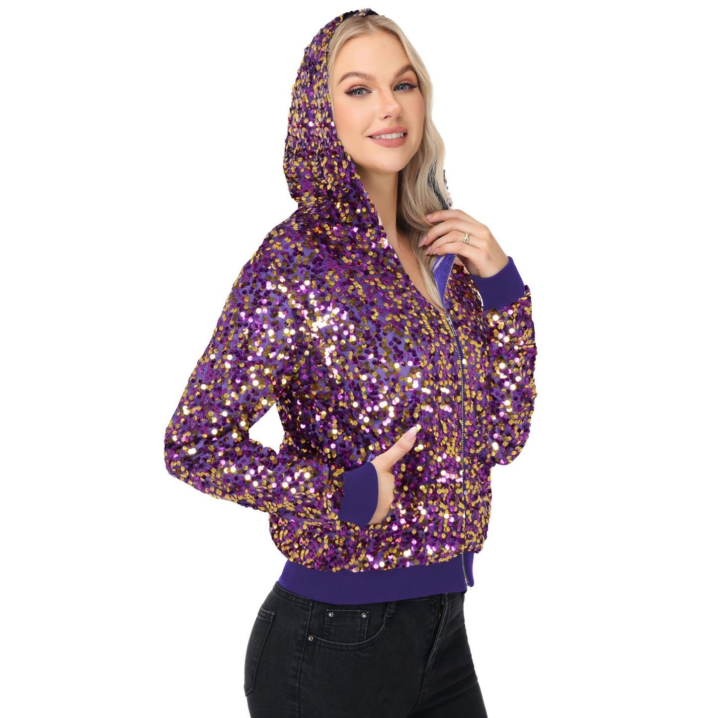 Chaqueta con capucha y cremallera con adornos de lentejuelas y ribetes acanalados