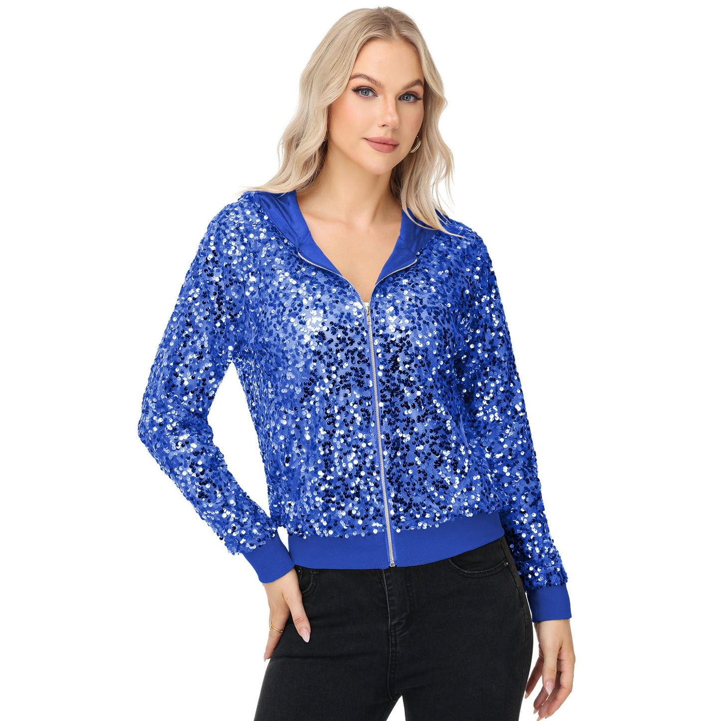 Chaqueta con capucha y cremallera con adornos de lentejuelas y ribetes acanalados