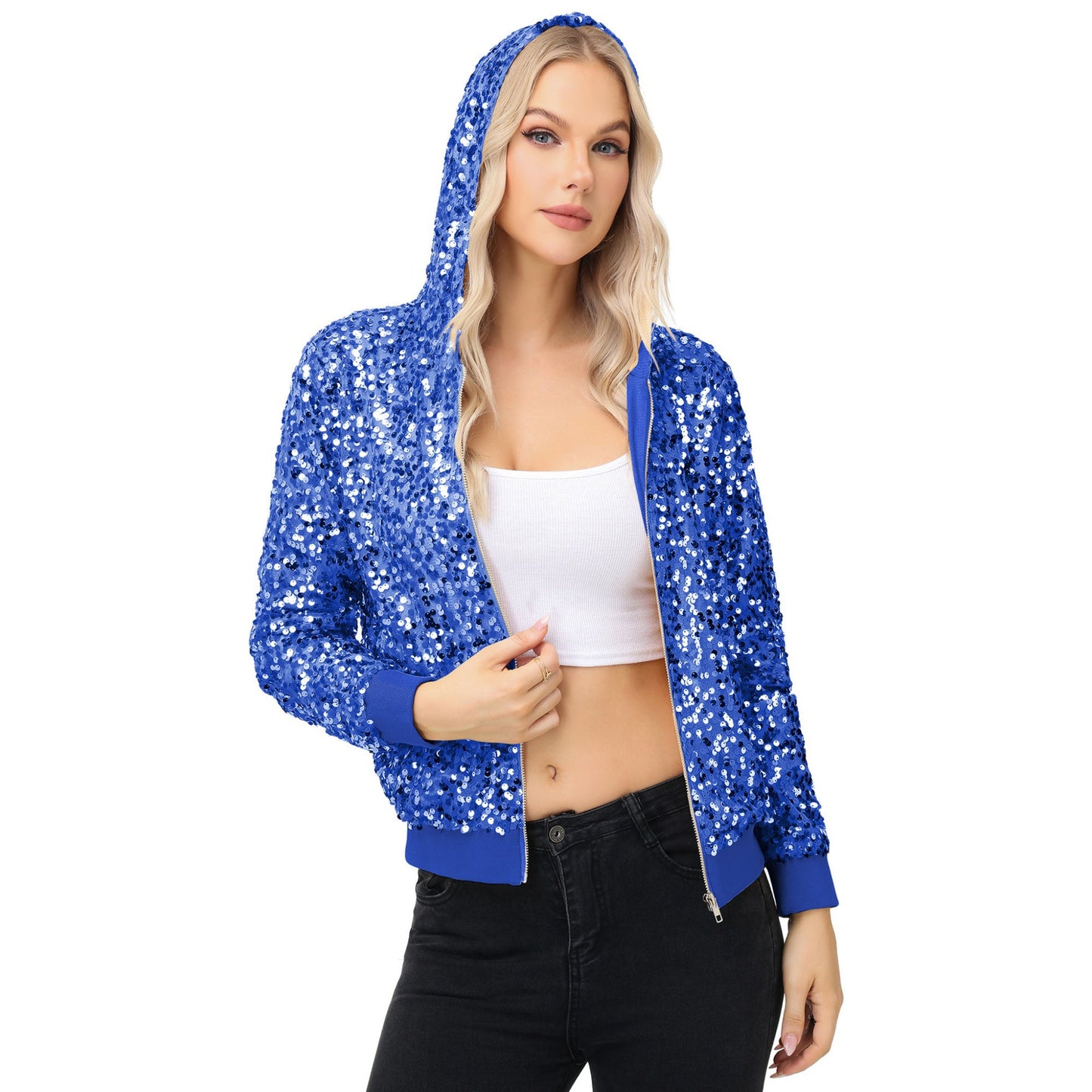Chaqueta con capucha y cremallera con adornos de lentejuelas y ribetes acanalados