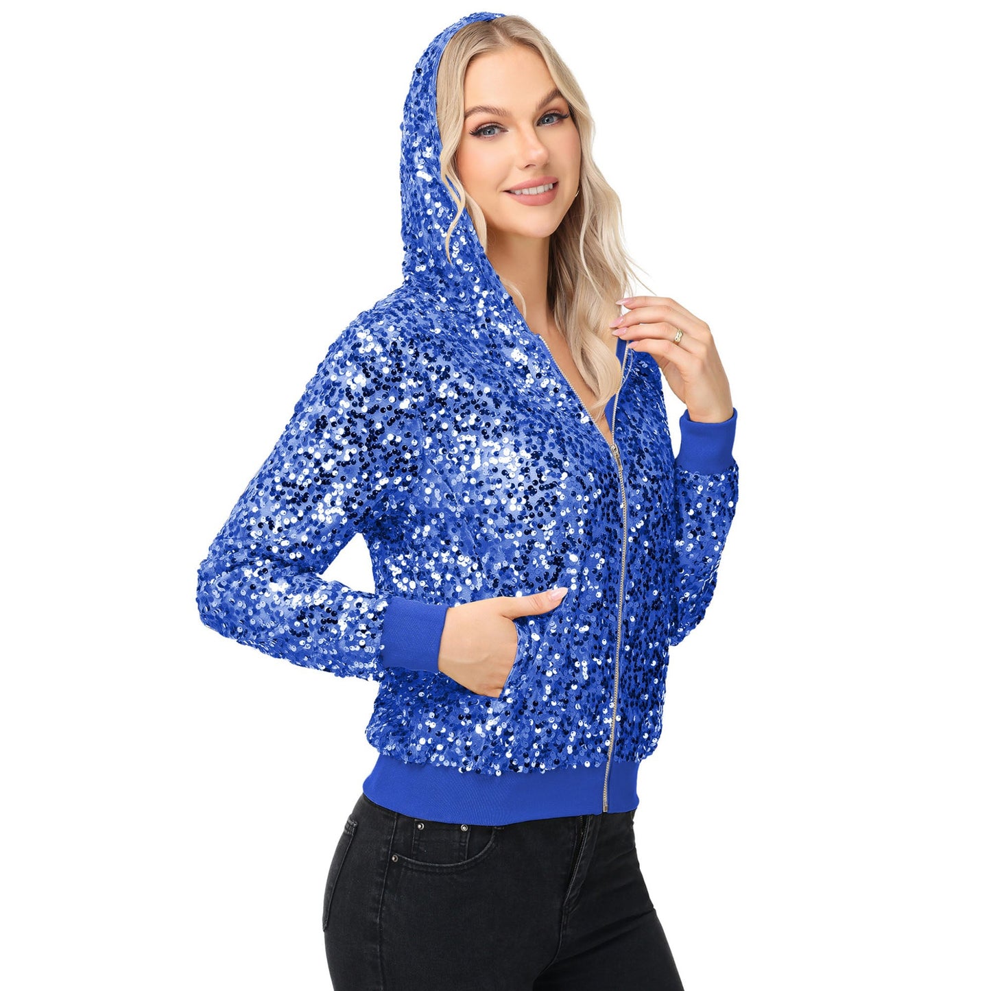 Chaqueta con capucha y cremallera con adornos de lentejuelas y ribetes acanalados
