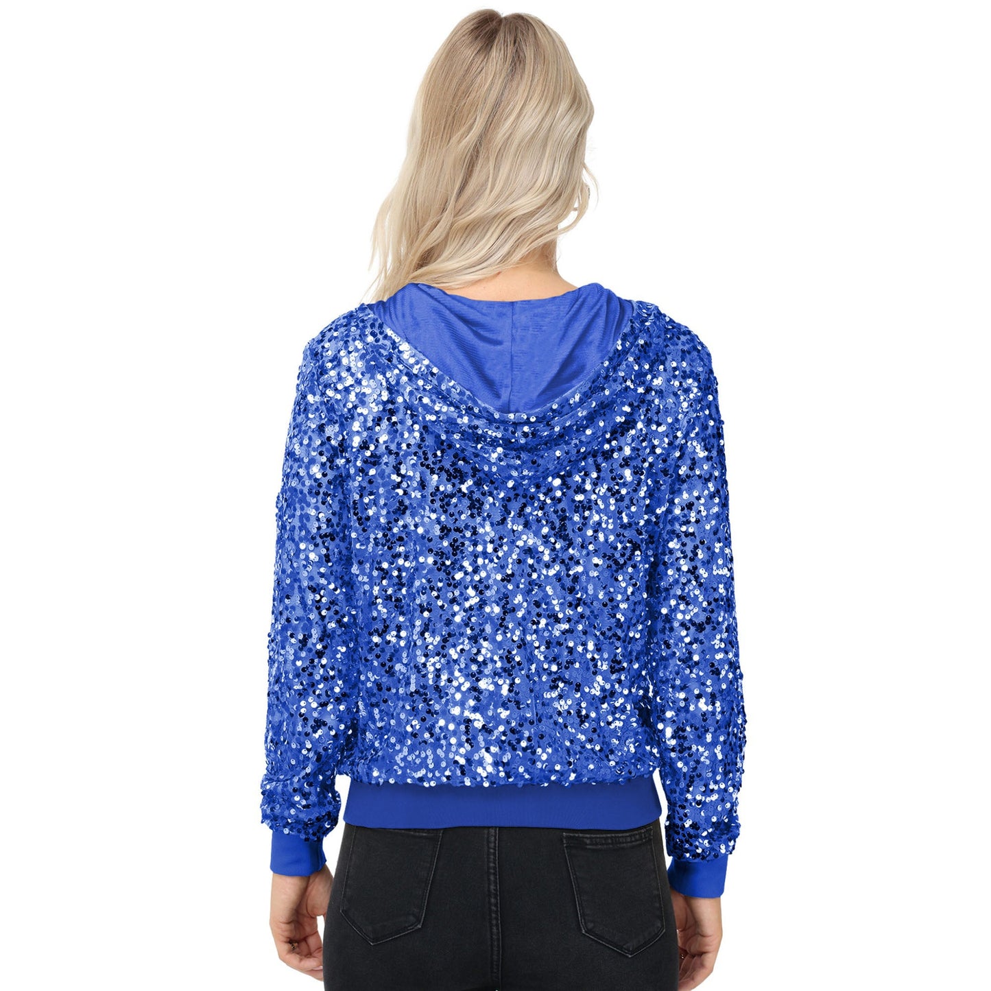 Chaqueta con capucha y cremallera con adornos de lentejuelas y ribetes acanalados